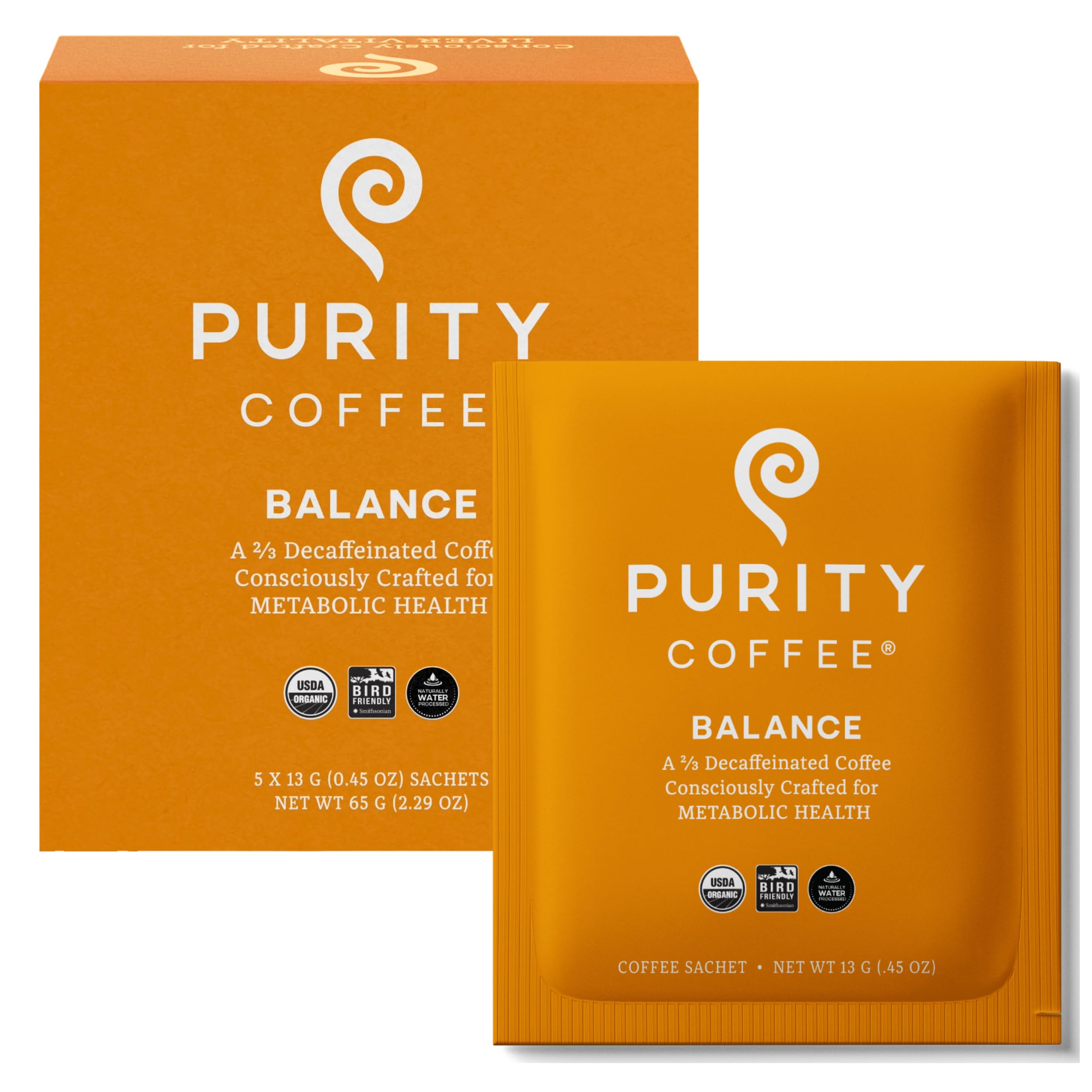 Purity Coffee BALANCE 2/3 Decaf Medium Roast Coffee Single-Serve Packets (5ct Sachets) - Specialty-Grade Mountain Water Processed Decaf + Regular Arabica Blend- USDA Certified Organic Decaffeinated - Third Party Tested for Mold, Mycotoxins, Pesticide ResidueUSDA Organic