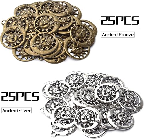 Miniatura 2 de 50 dijes de sol celestial, aleación tibetana, luna, sol, sonrisa, suministros de manualidades para manualidades, collares, pulseras, accesorios de