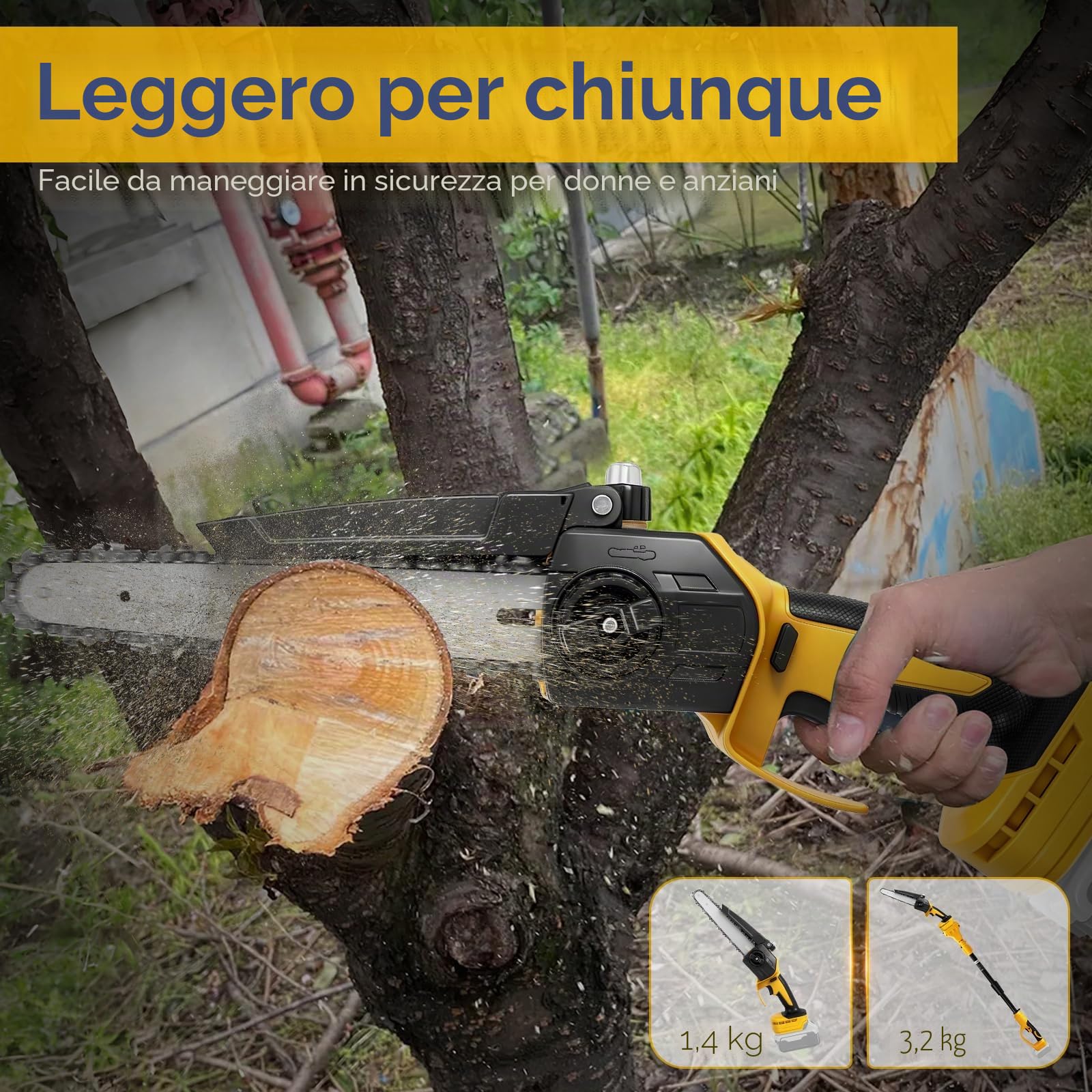 Roadtime Sega a catena telescopica a batteria 2 in 1 & 8 pollici per DeWalt 20 V (senza batteria), sega da potatura senza spazzole con 2 catene di ricambio, per rami degli alberi, taglio del legno