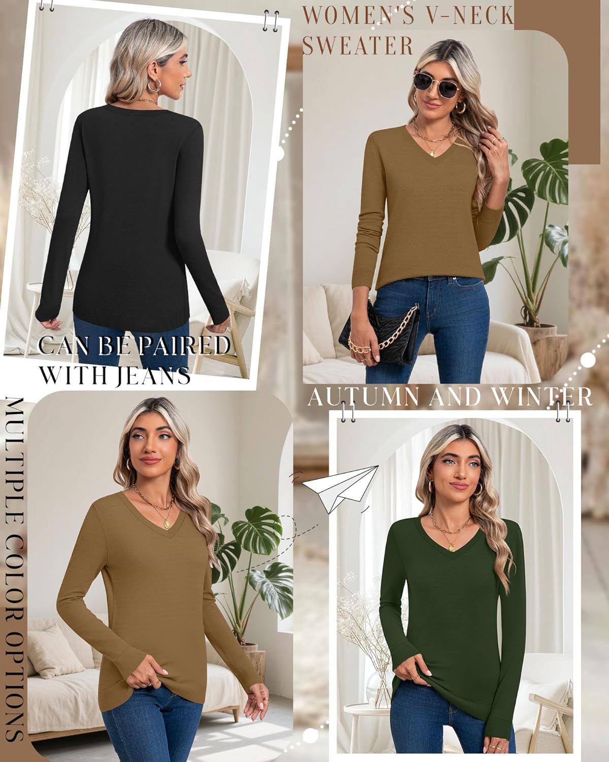 Riyiper 3 Pack Women's V Neck Sweater, Long Sleeve Lightweight Tops Casual Solid Color Pullover Loose Knit Classic Sweaters