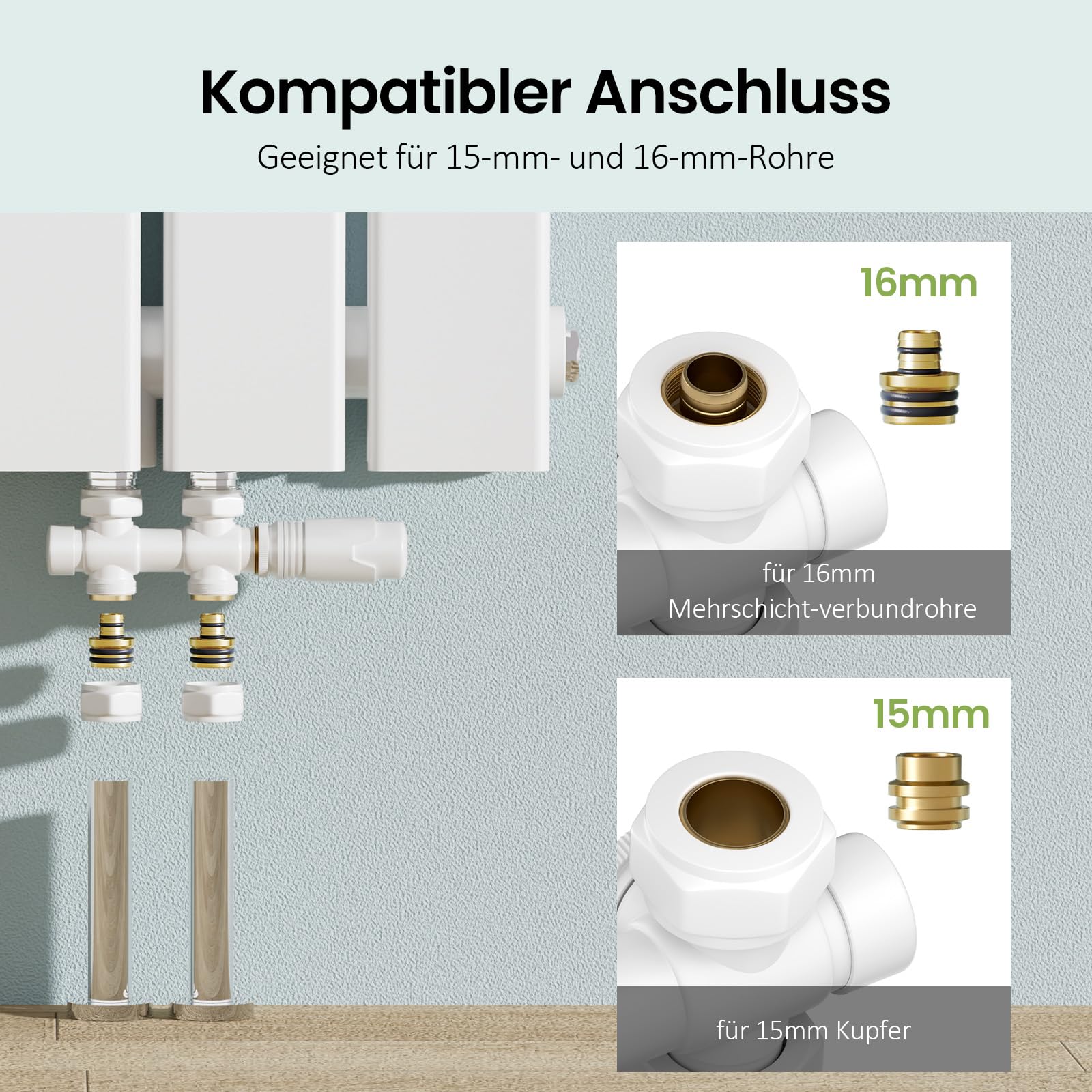 S'AFIELINA Zestaw Multiblock 50mm z głowicą termostatyczną, Zawór do grzejnika łazienkowego 2-w-1 Ściana/Podłoga, Złączki PEX 16mm i Miedź 15mm, Przyłącze środkowe dolne G 1/2", Biały