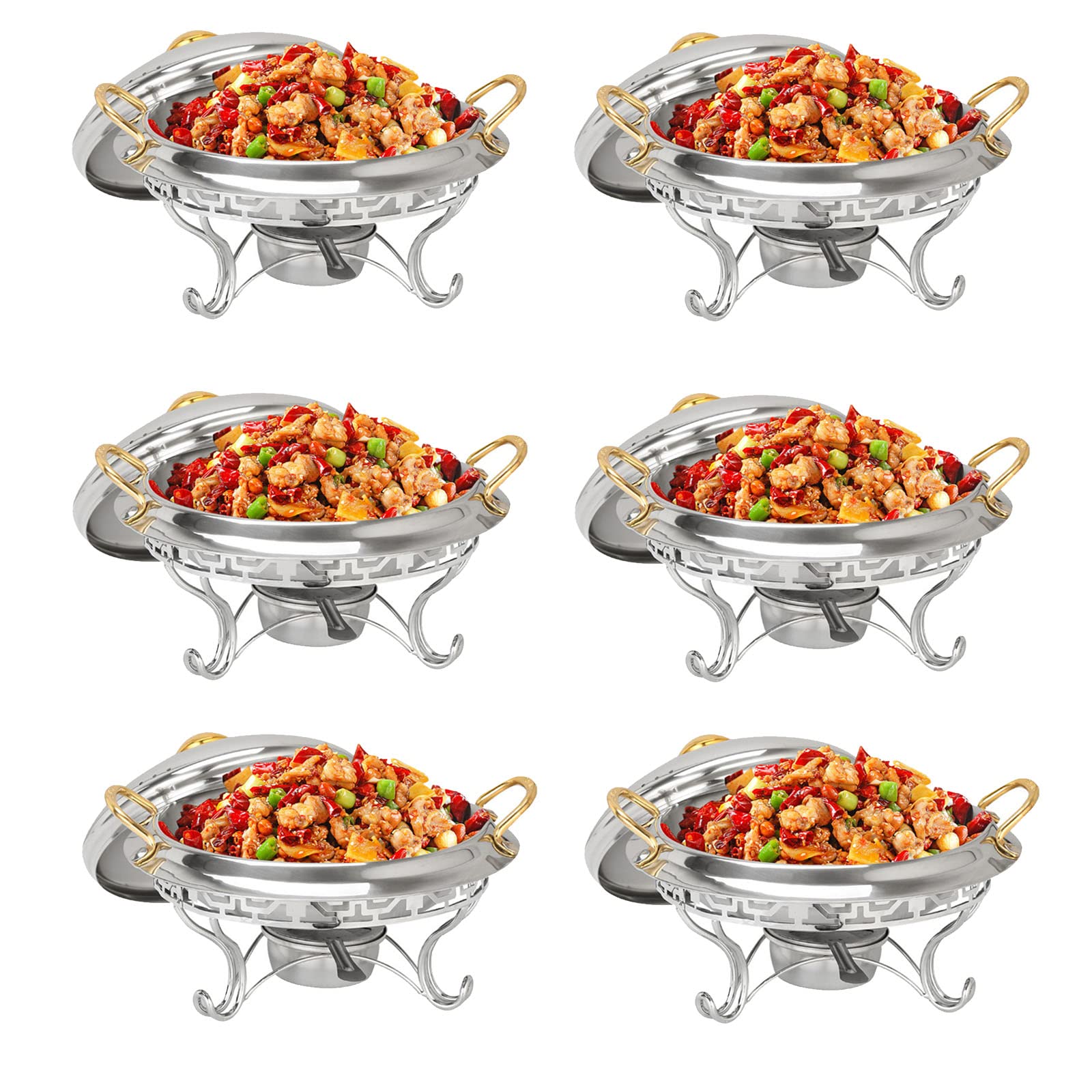 Chafing Dish Rotondo Placcato Oro, 2/4/6 Confezioni in Acciaio Inox Chafer Catering Buffet Warming Container Set con Porta-combustibile, per ristoranti, Feste, Matrimoni, 6 Confezioni