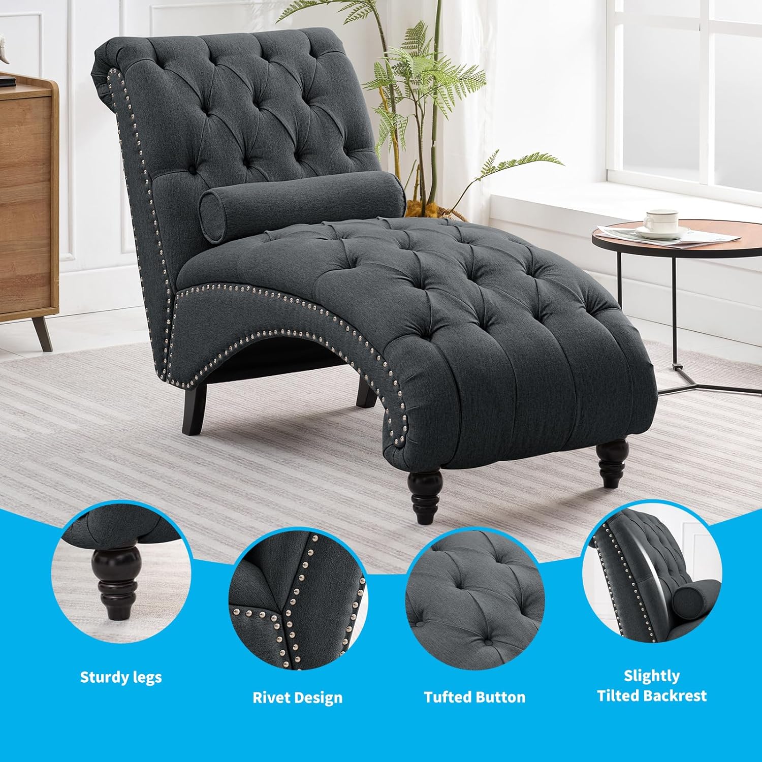 Mjkone Chaise Lounge Chair Indoor, Button-Tufted Lounges Chair with Support Pillow and Solid Wood Legs, Modern Nailhead Decor Armless Leisure Sofa Recliner for Living Room Bedroom Office (Dark Gray)