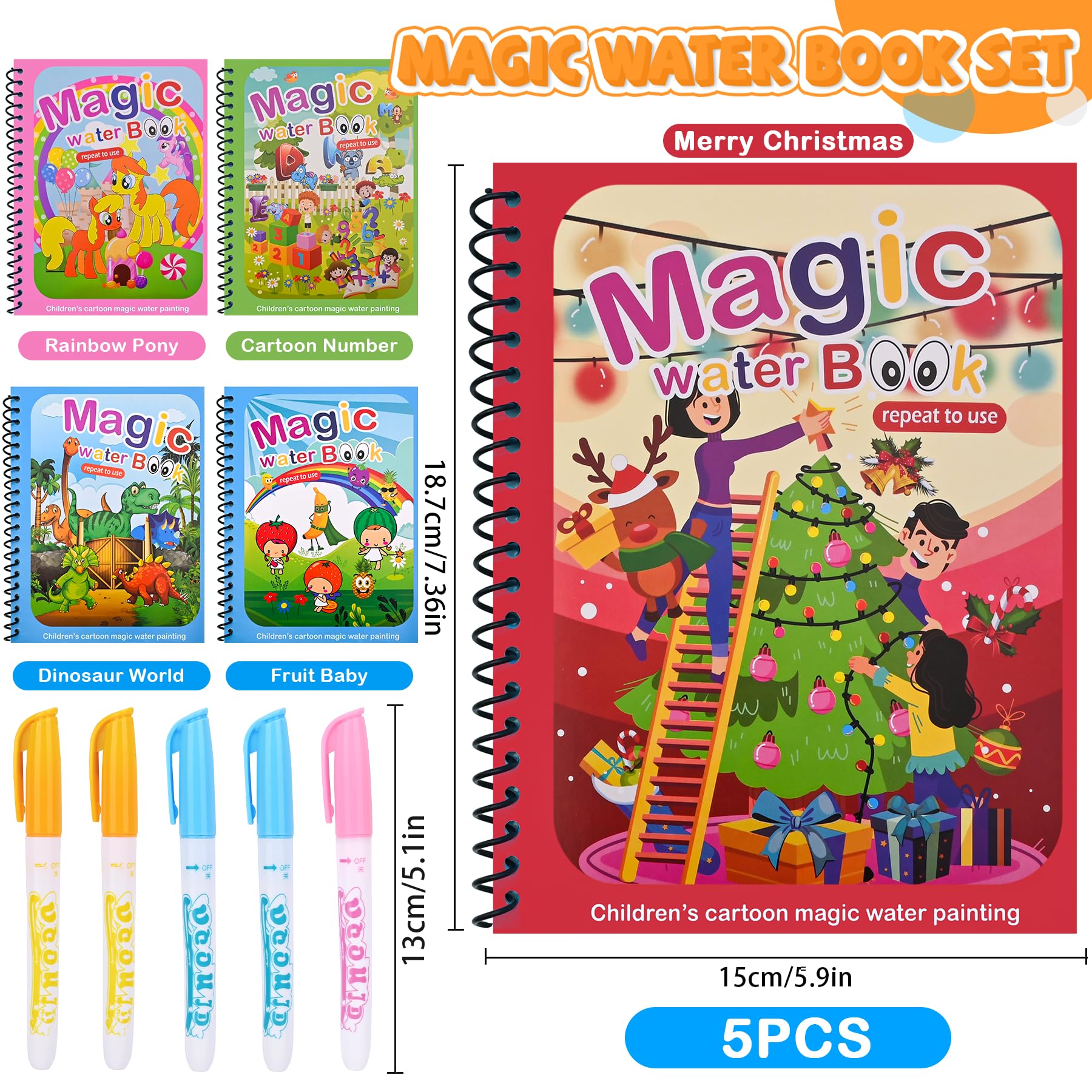 Damcyer 5 Pezzi Libro di Pittura ad Acqua per Bambini con 5 Penna Acqua,5 Temi Riutilizzabile Magic Water Book,Libri ad Acqua da Colorare Bambini,Libro da Disegno ad Acqua per Bambini da 3 Anni,B