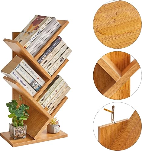 Miniatura 7 de YMYNY Estantería de árbol de 4 niveles, estantería pequeña, estante de almacenamiento de libros de madera moderna, estante independiente para