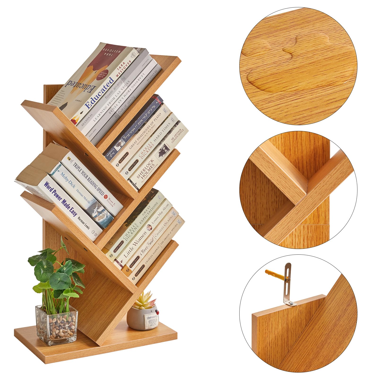 YMYNY Bibliothèque d'arbre, Étagère à Livres sur Pied, Étagère de Rangement pour Magazines, CD, pour Salon, Chambre, Bureau, 60 cm, Couleur Bois Naturel