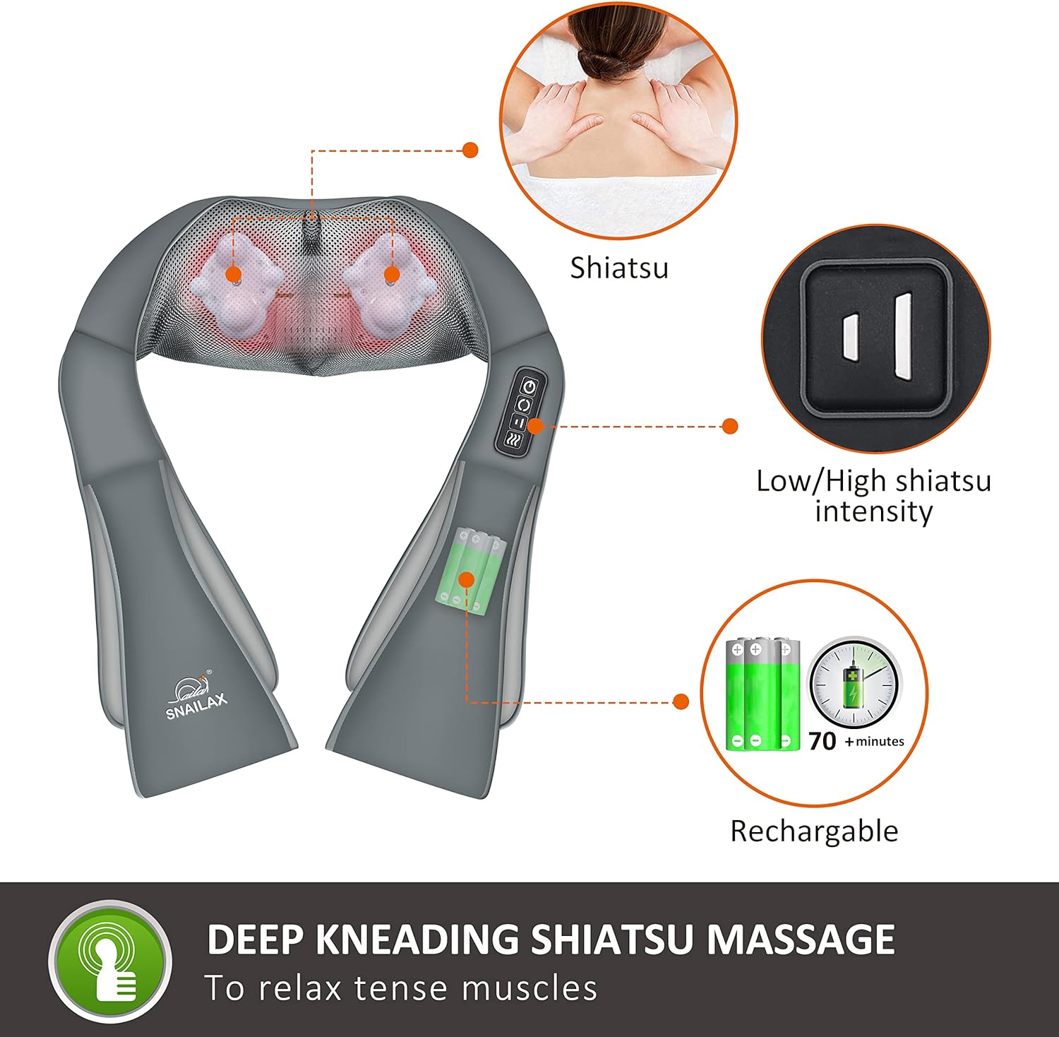 Snailax Cordless Neck Massager, Shiatsu Back Shoulder Massager with Heat, Portable Rechargeable Massagers for Neck and Back Pain Relief, Electric Massager Pillow, Gift for Women,Men(Grey) - Image 4