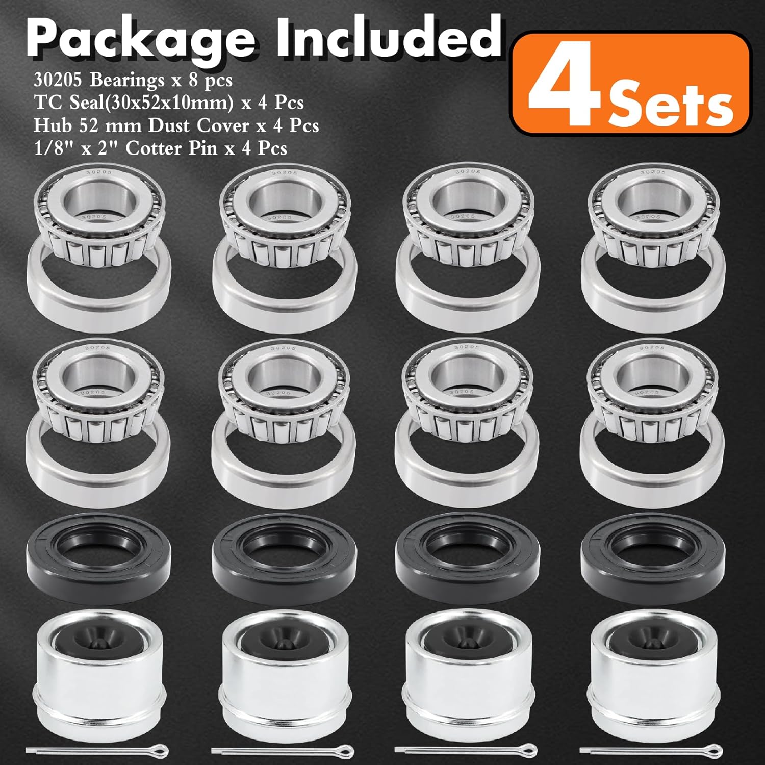 Jeemiter 4 Sets 30205 Trailer Bearing Kit for 25mm (1") Axles & #12 Spindle | Fits 2000-3500 lb Light Trailers | with Double Lip Seals, 52mm Dust Covers & Races