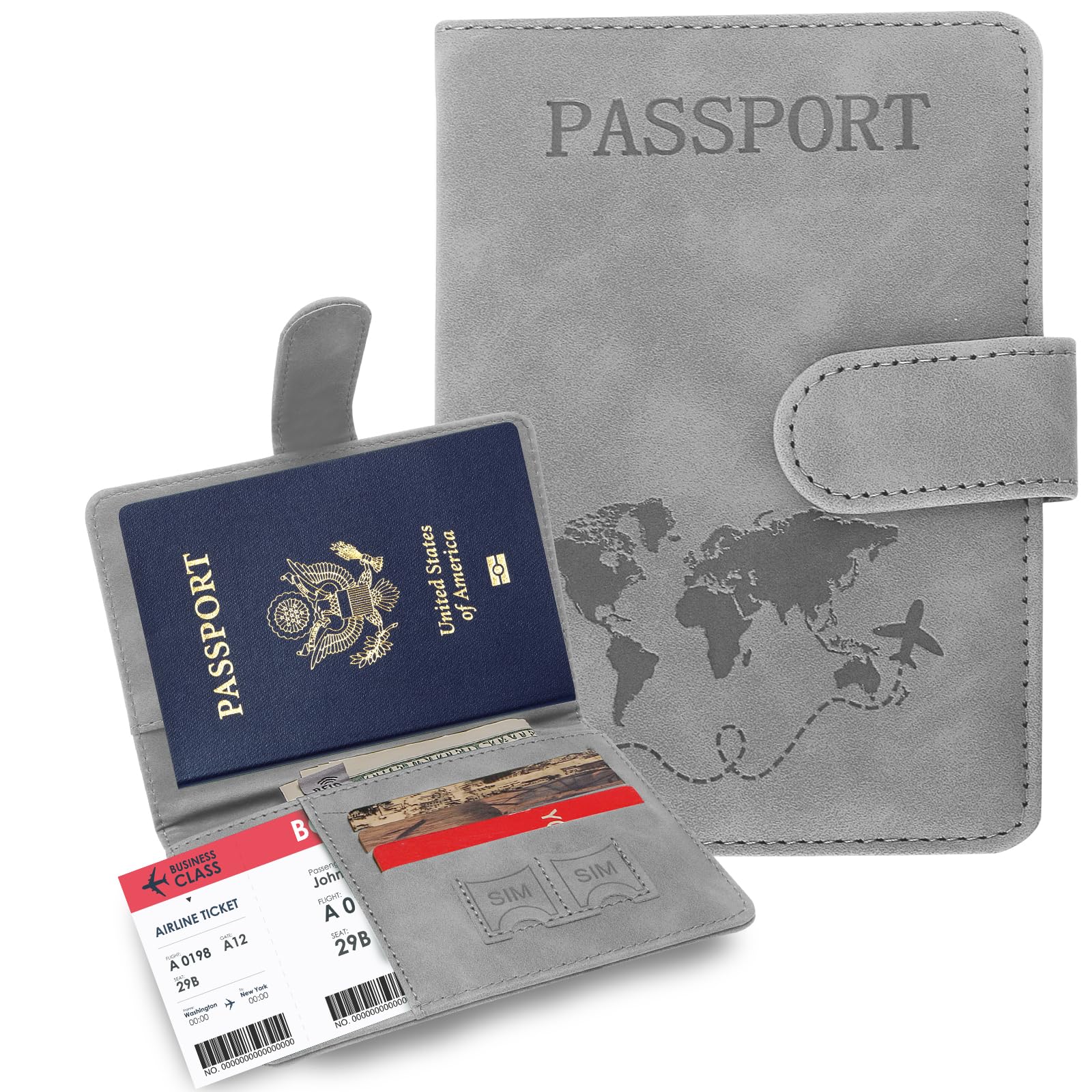 Sovirose Passport Holders, RFID Blocking Credit Card Holder, PU Leather Vaccine Card Holders for Travel with Magnetic Buckle, Travel Must Haves Cruise Ship Essentials for Men, Women (Grey)