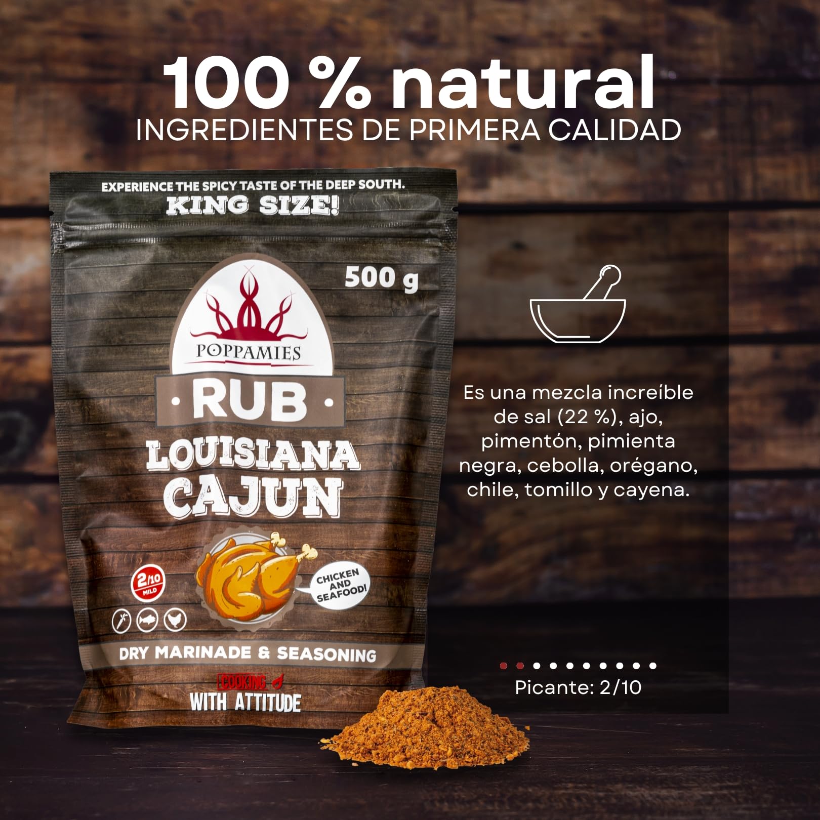 Poppamies Louisiana Cajun BBQ Rub - Condimento BBQ 100% Natural - Marinada Seca y Especias. Especialmente Adecuado para Pollo - Paquete Grande (500g)