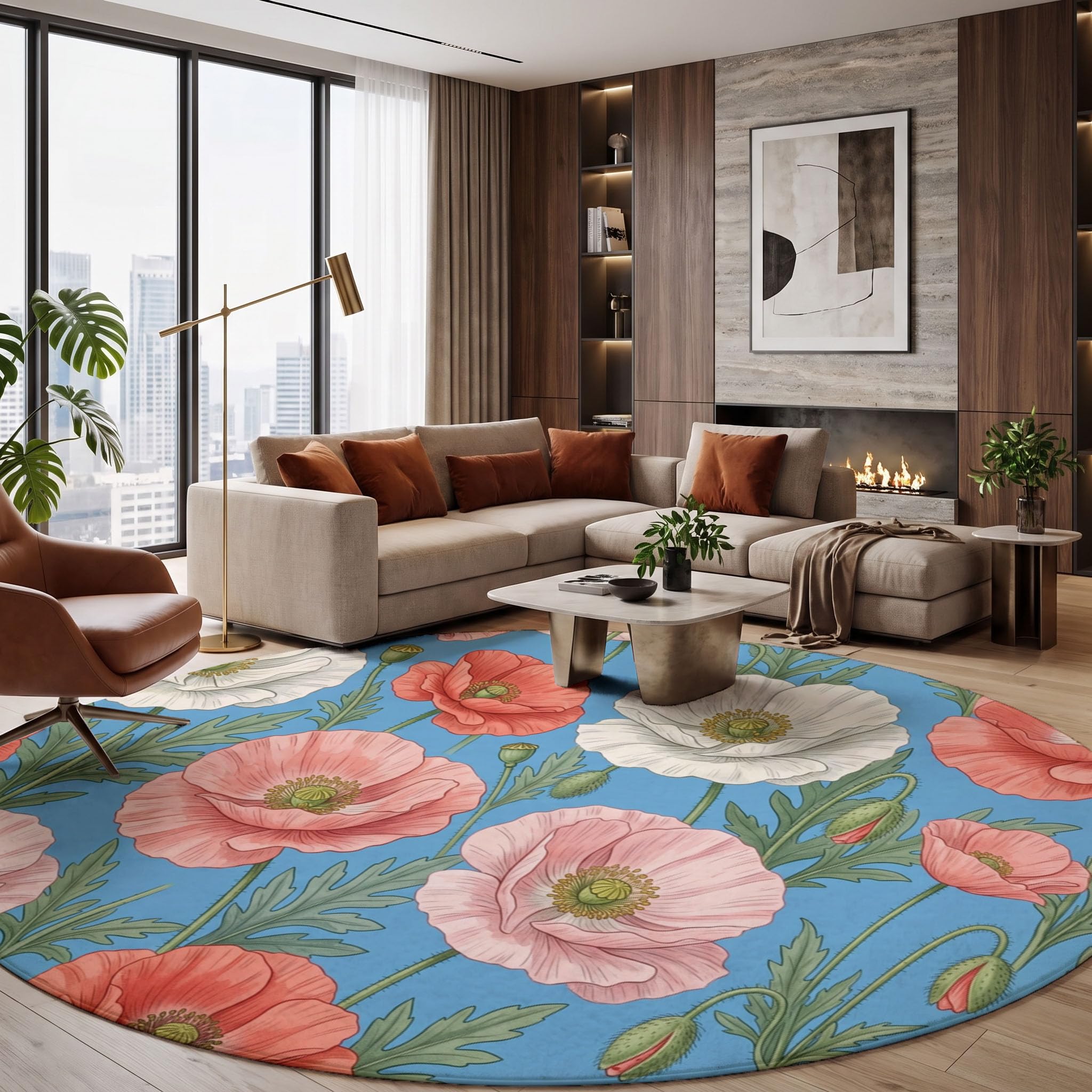 Tapis Rond Lavable Coquelicot Feuilles Vertes 100cm | Tapis Fleurs Fraîches Rétro Antidérapants Salon Lavable en Machine pour pour Salle à Manger, Entrée, Cuisine, Bleu
