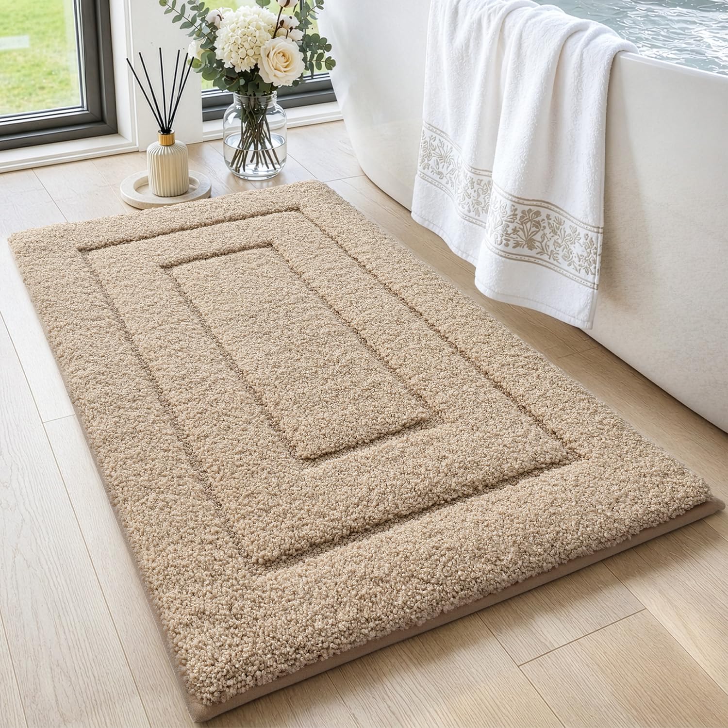 DEXI Bath Mat 60 x 90 cm, Non-Slip Bathroom Mat Machine-Washable, Ultra Soft and Water Absorbent Bath Rug for Bathroom, Tub and Shower - Beige-image-43