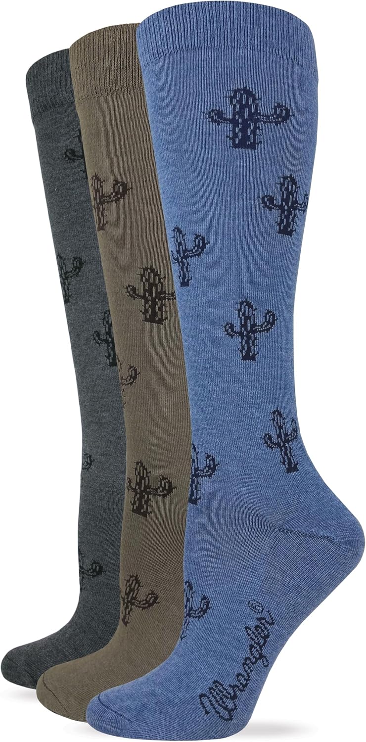 Wrangler Ladies Cotton Blend Cactus Pattern Knee High Boot Socks 3 Pair Pack