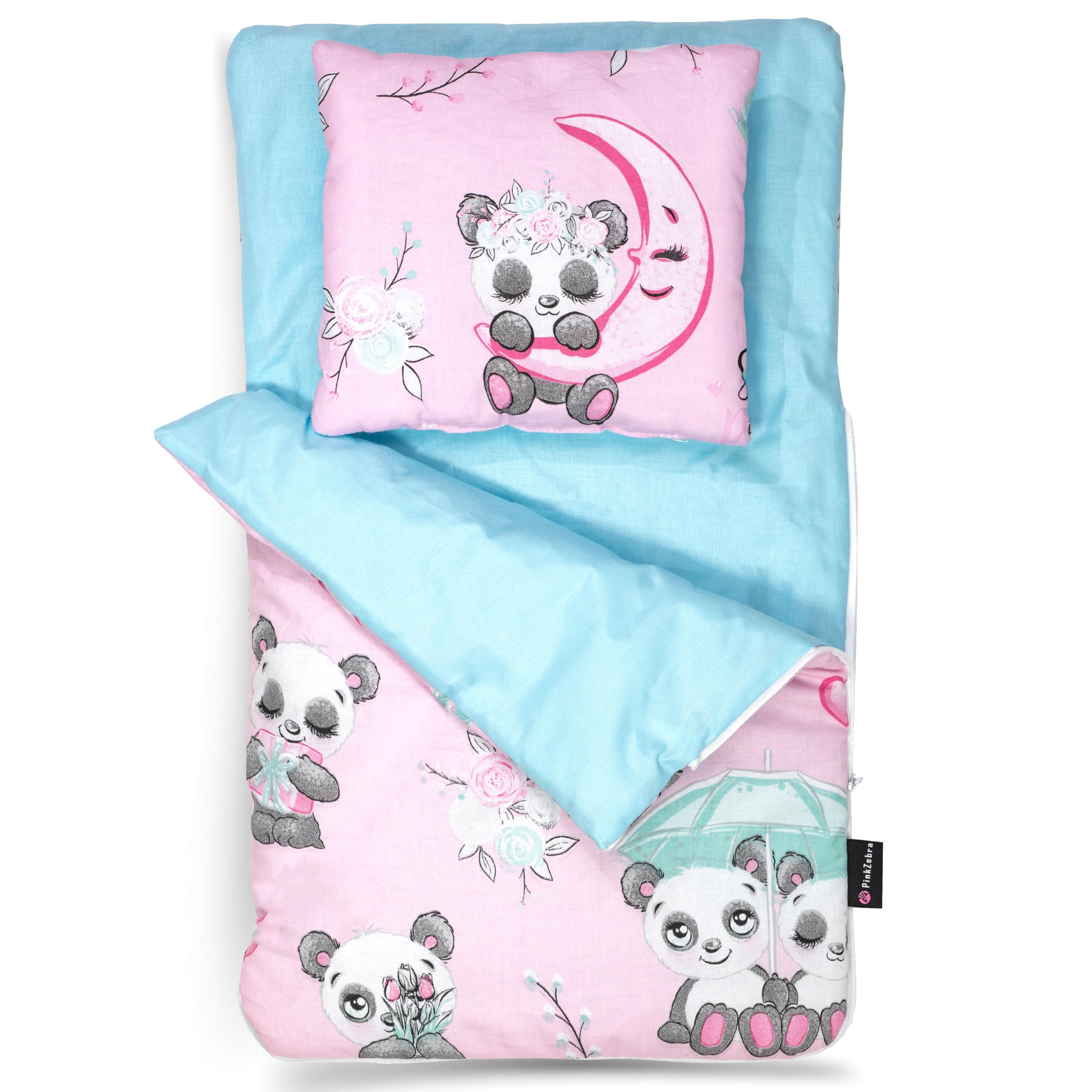 PinkZebra Klein Schlafsack beidseitig, 2-teiliges Set für kleines Bett, Bettzeug aus Baumwolle, Bettzeug mit Kissen für Mini Bett, Pandabär Rosa Spielzeug