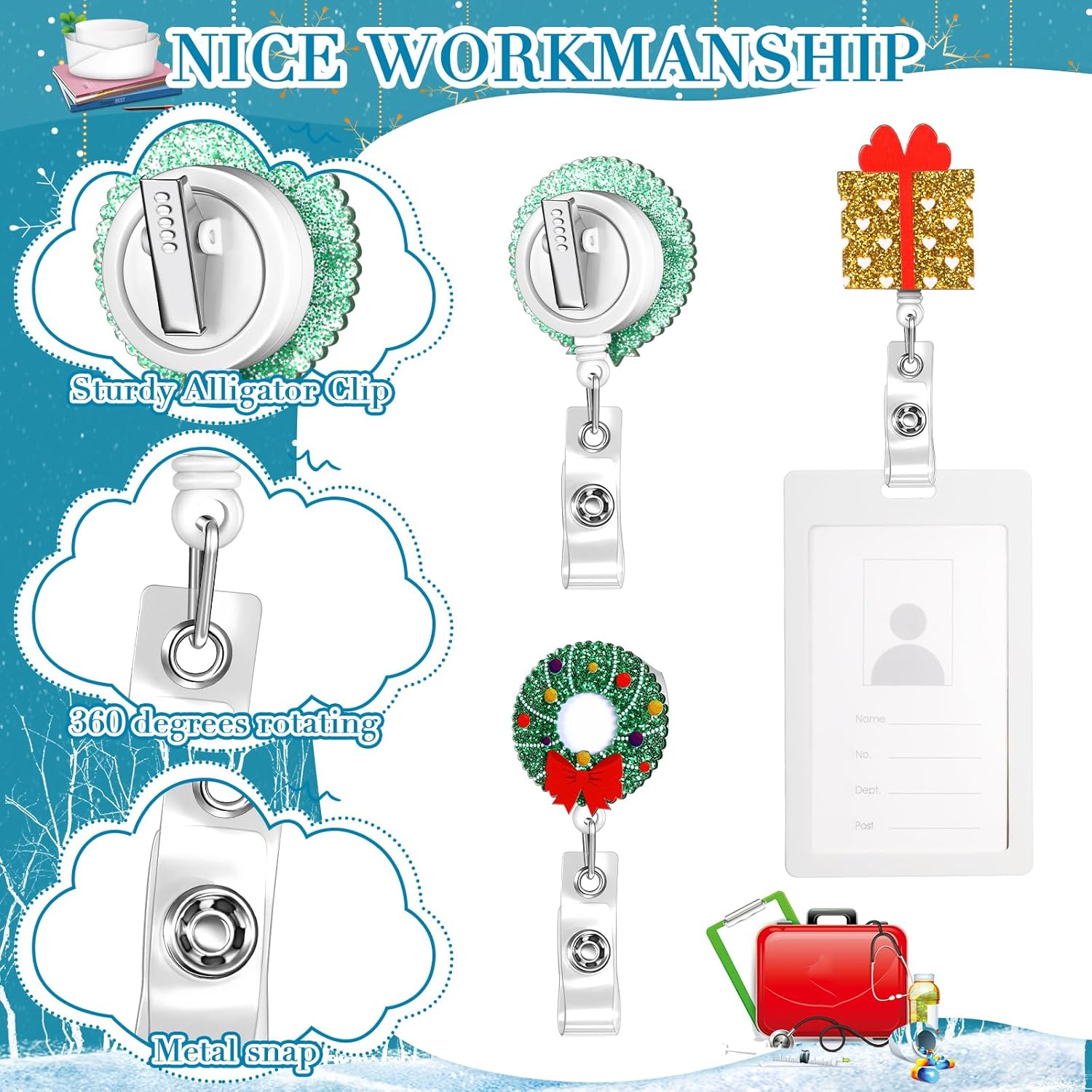 Crtiin 30 Pcs Christmas Acrylic Retractable Badge Reel Holiday ID Holder with Santa Claus & Snowman Christmas Alligator Clip Reel for Nurses, Doctors & Office Staff