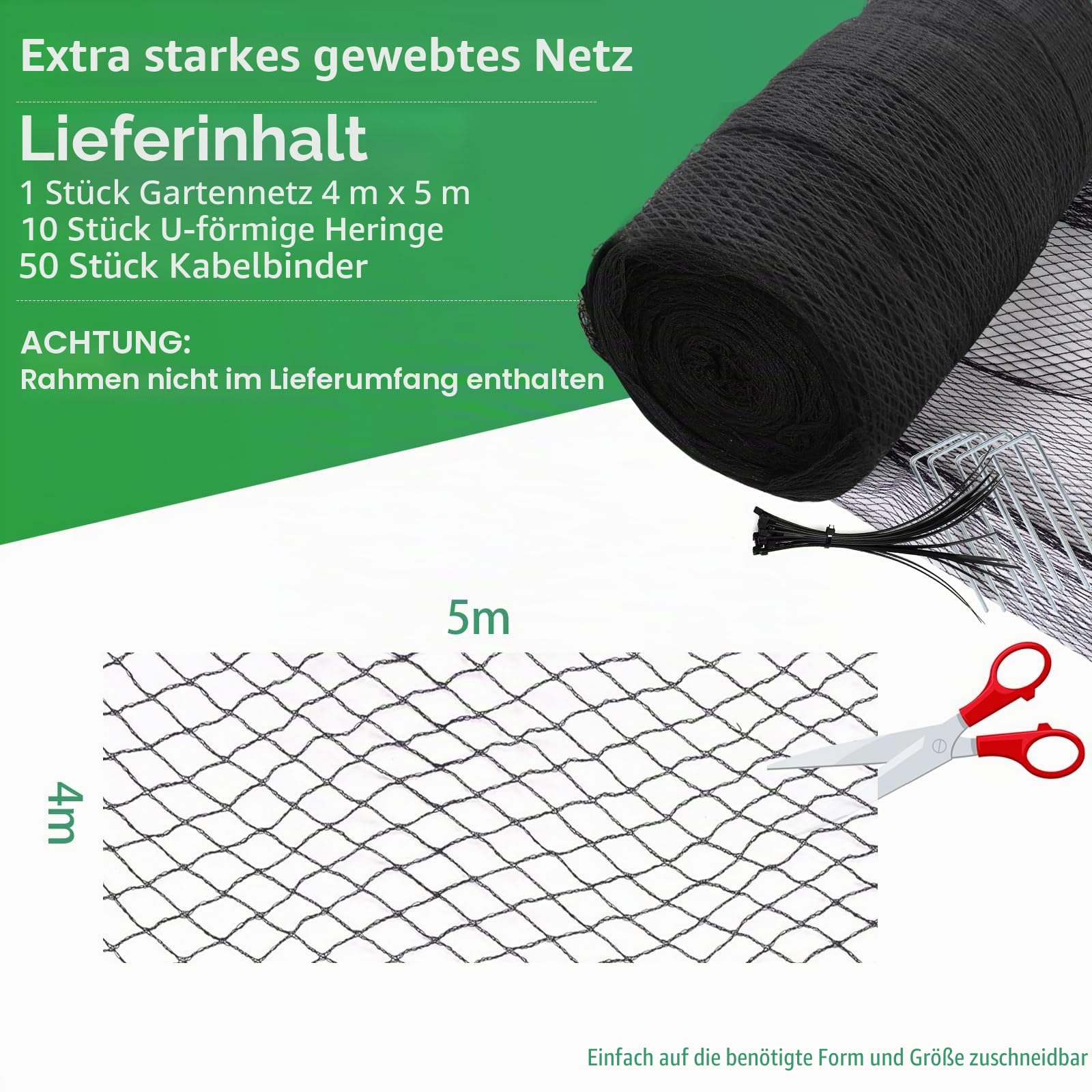 Gartennetz 4x5m Vogelschutznetz Engmaschig (15x15mm) - Extra Starkes HDPE Schutznetz für Obstbäume, Erdbeeren & Teiche - Wiederverwendbar, UV-beständig - Inkl. 50 Kabelbinder & 10 Bodenanker