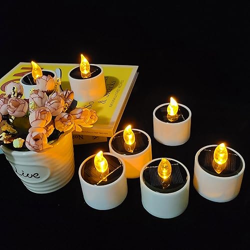 Miniatura 8 de Velas de té solares, 10 velas LED impermeables sin llama, velas LED recargables ámbar parpadeantes para jardín, patio, camino, decoración del hogar