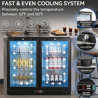 BODEGACOOLER 35.4 Inch Under Counter Beverage Refrigerator, 2 Door Back Bar Cooler, Dual Zone 3250F, 7.4 Cu.Ft Built-in or Freestanding Glass Door Fridge with LED Lighting, Holds 216 Cans/62 Bottles