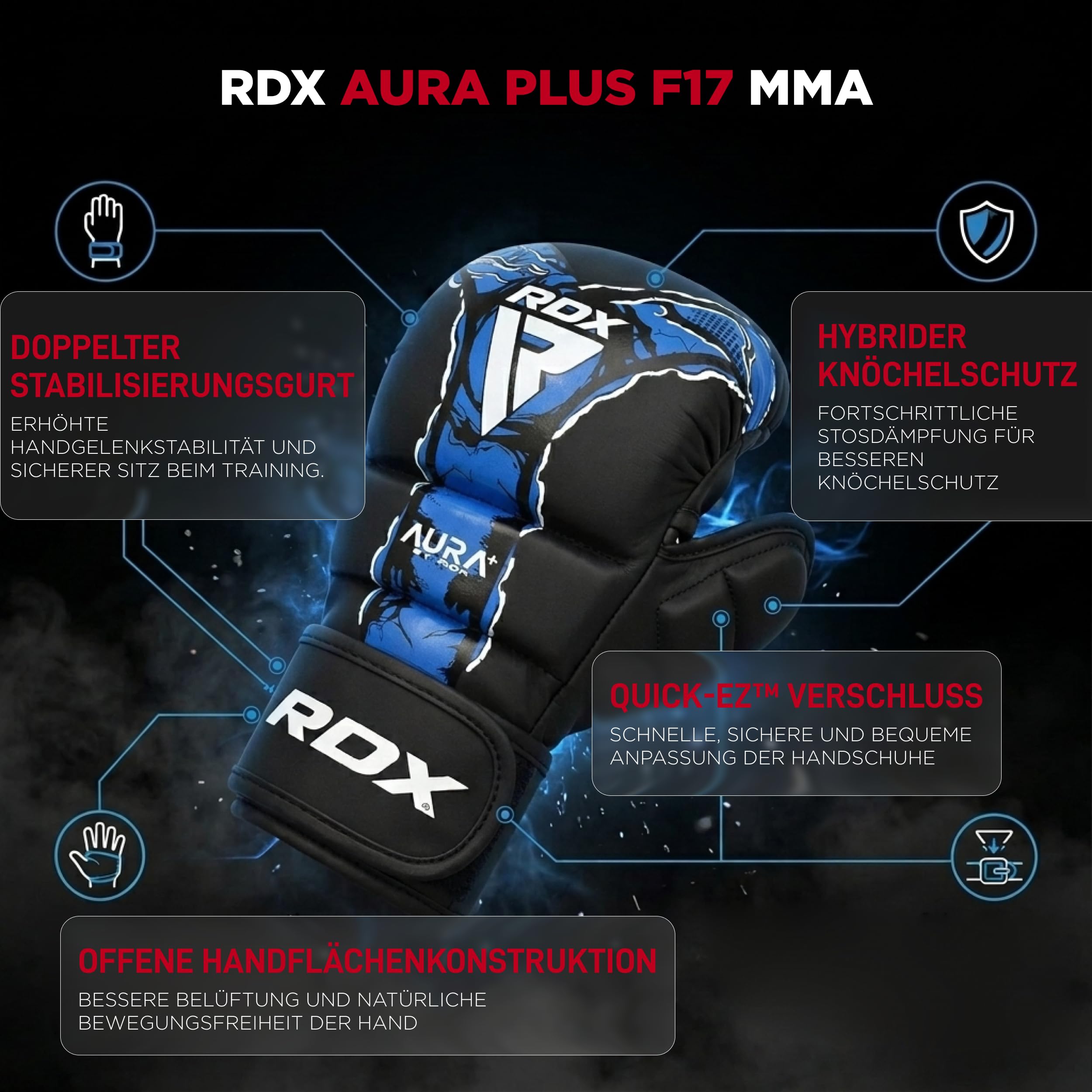 RDX Aura Plus F17 MMA Handschuhe für Herren und Damen, Grappling Handschuhe mit offener Handfläche, Sparring Handschuhe für MMA, Bodenkampf und Grifftechniken, Stoßdämpfende Polsterung, MMA Gloves