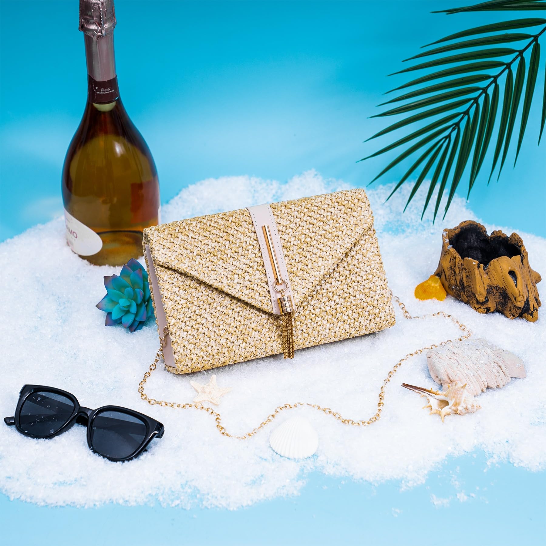 Larcenciel Bolso Mujer Paja, Bolsos Mujer Borlas Verano Playa con Cadena Desmontable, Elegante Boho Sobre Rafia Clutch Fiesta, Casuale Bandolera Cartera de Mano para Bodas Vacaciones, 21.7x5.5x13.5CM