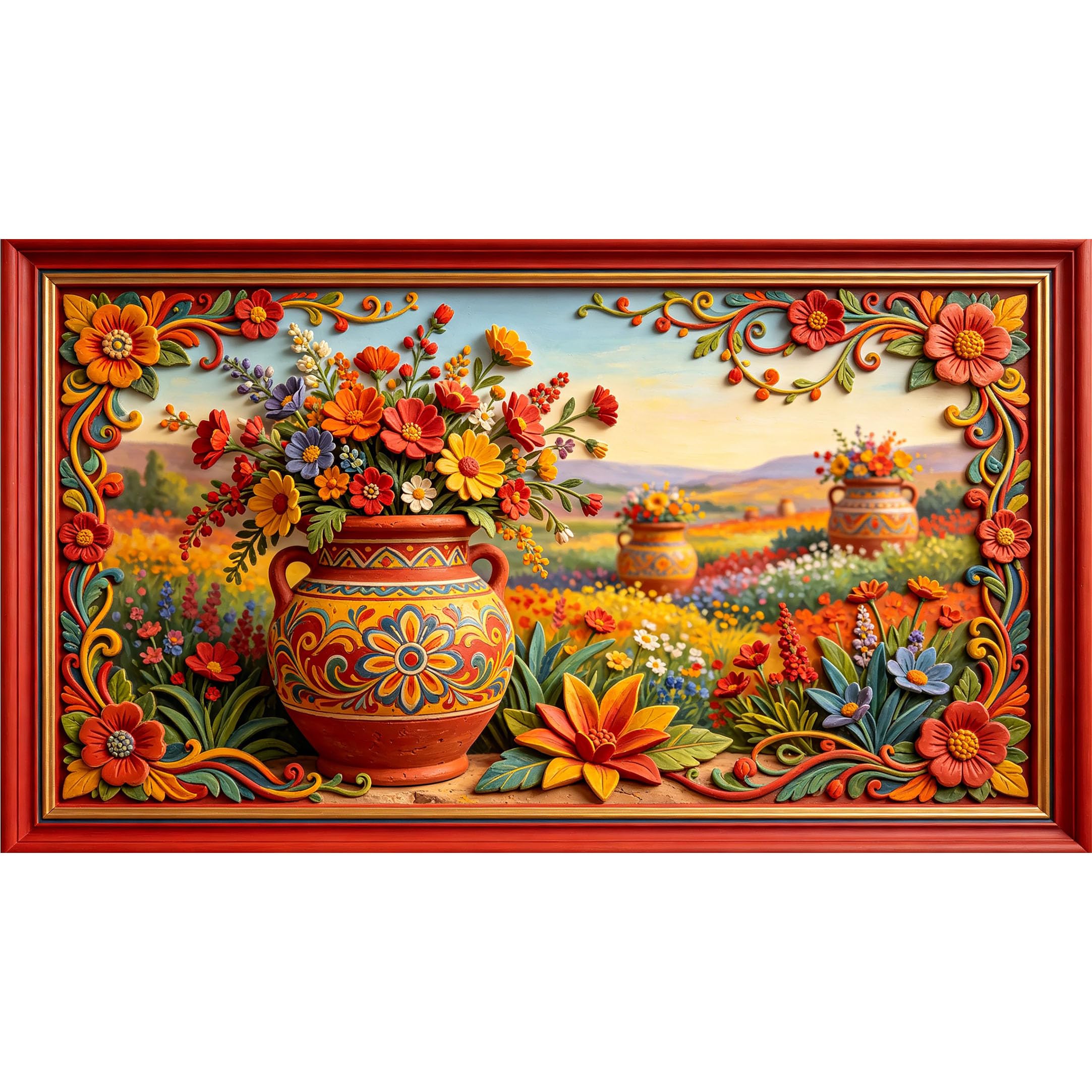QZLITHOTIC 50×90cm3D Framed Wall Art， Vibrant Botanical Floral Vase Field Landscape SelfAdhesive Mural， WaterActivated Peel & Stick Fabric Decor Wall Decal for Bedroom Living Room
