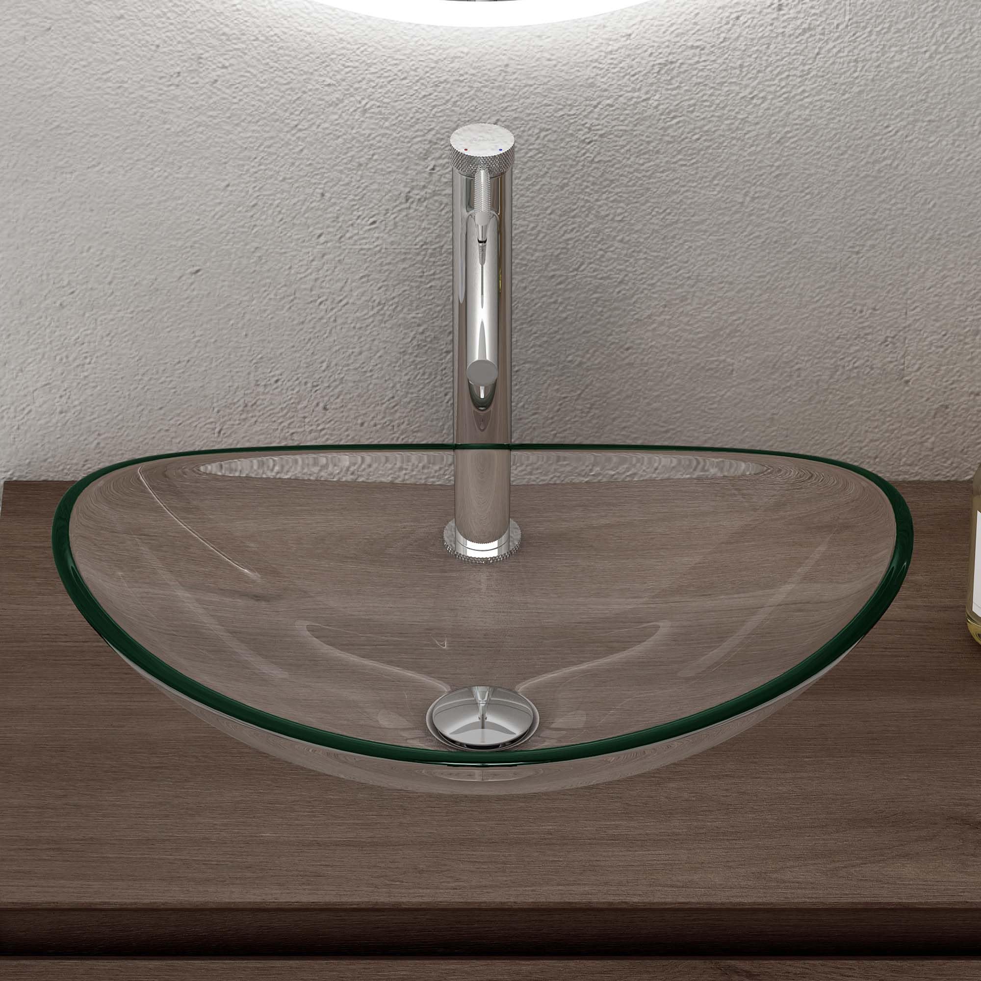 doporro Lavabo da Appoggio in Vetro Temperato Lavandino Bagno Ovale 53,5 x 35,5 x 16 cm Trasparente Lavello per WC Ospiti Design Moderno Minerva08