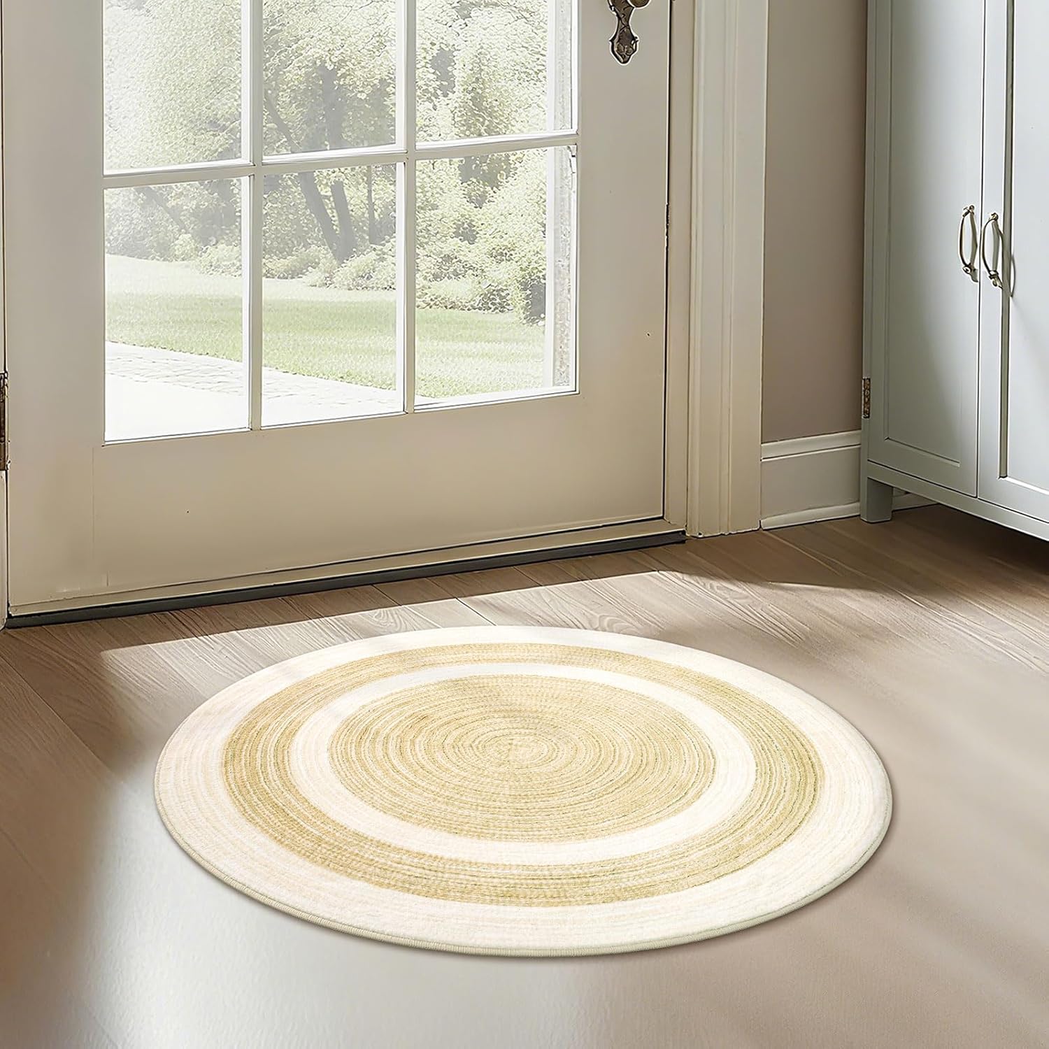 Asrug 2ft Faux Jute Round Rug, Small Soft Beige/Brown Circle Rugs Non-Slip Round Entryway Rug 24 inch/61 cm, Machine Washable Area Rug for Kitchen Bathroom Living Bedroom Nursery, Carpet Low Pile 2ft Beige/Brown