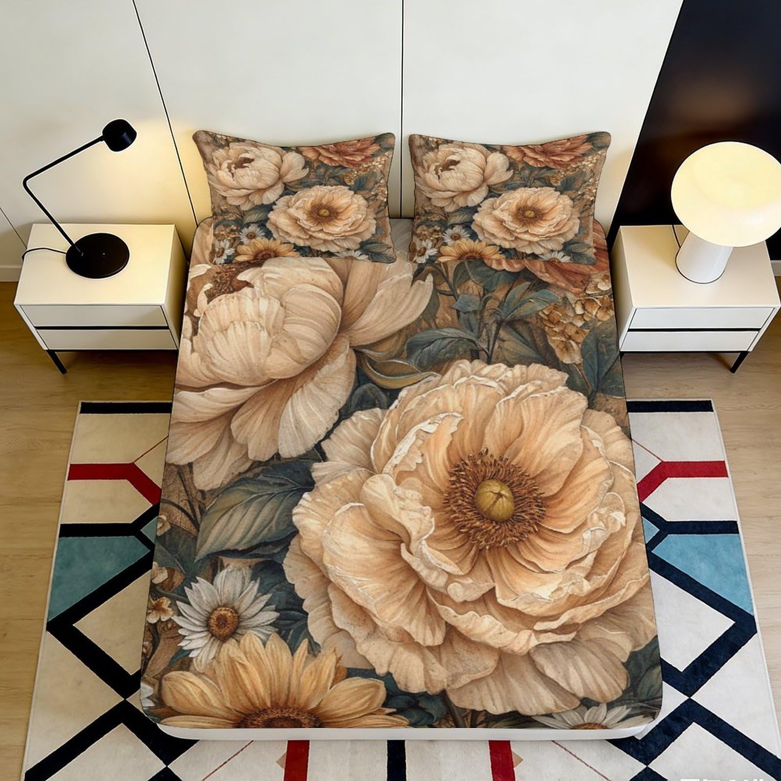 3D Printed Vintage Floral Fitted Sheet Microfiber Beige Peony Mattress Cover Non-slip Washable Decorative for Bedroom Guestroom 90x200x25cm