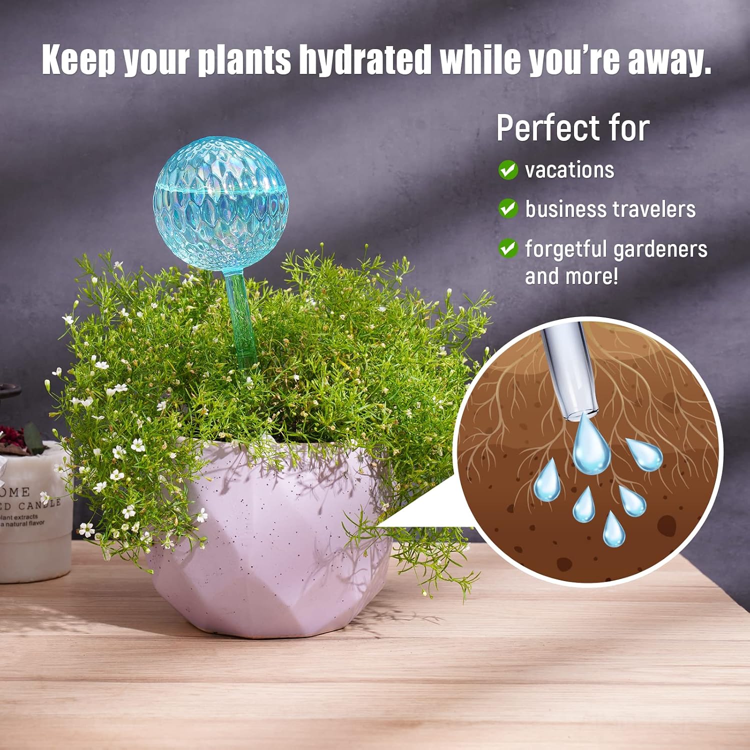 NiHome Glass Plant Self Watering Bulbs 2-Pack Clear Water Blue Iridescent Pearl Color Diamond Indent Pattern Home Watering Bulb Potted Planter Decorative Device Vacation Watering Spikes Indoor Outdoor