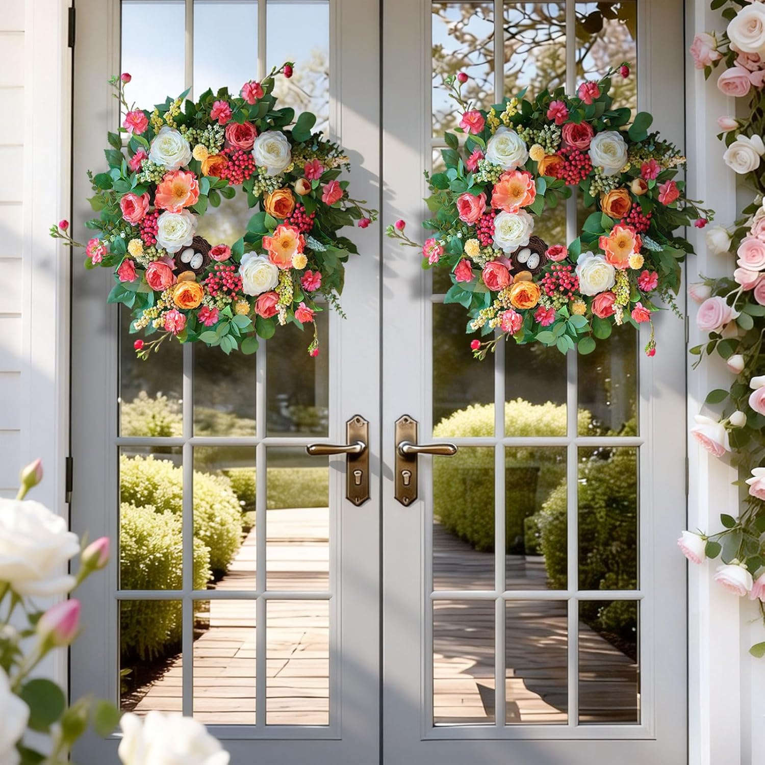 24 Inch Spring Wreaths for Front Door Outside,Handcrafted Spring Door Wreath with Roses,Eucalyptus Greener y& Bird Nest Eggs,Luxury Summer Wreaths for Front Door for Porch Home Wall Window