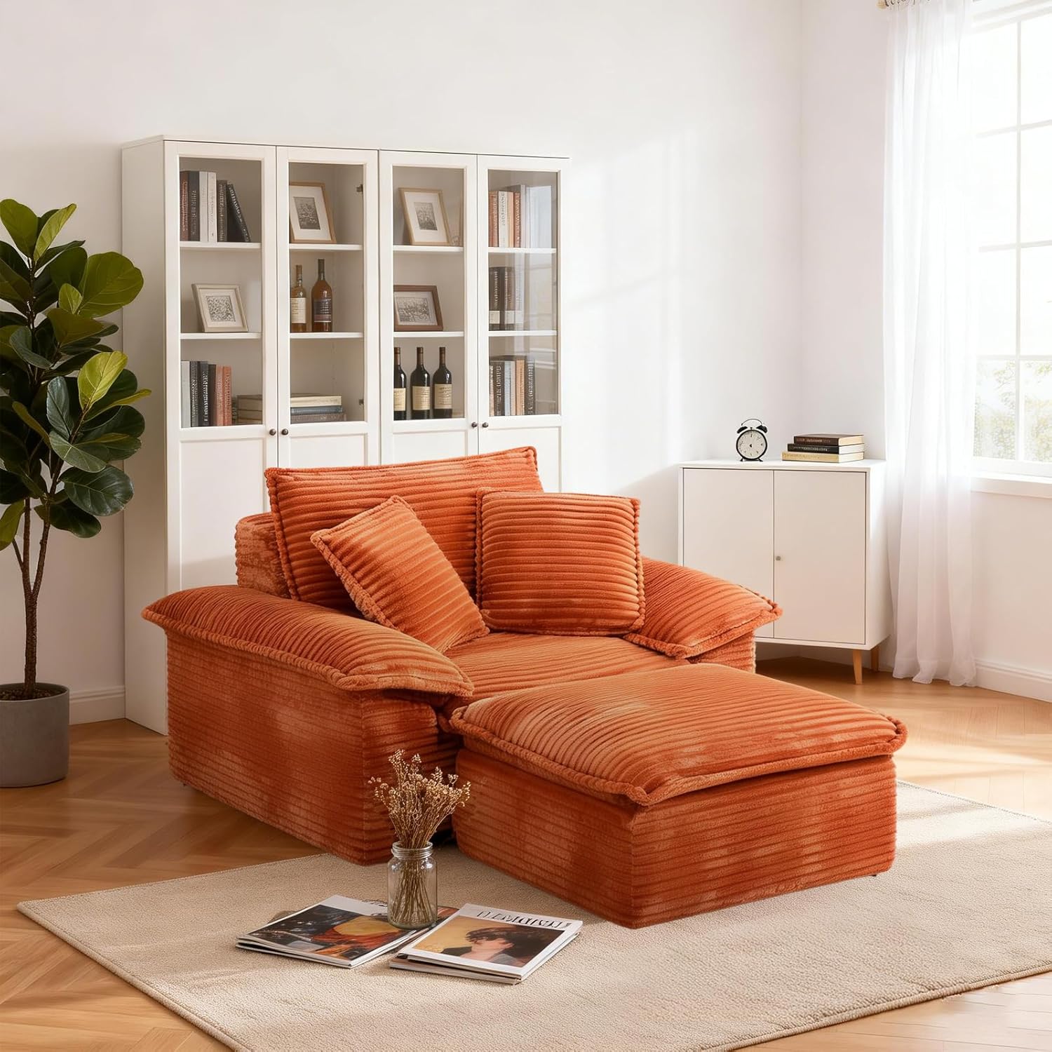 48'' Chaise Lounge Chair Indoor, Oversized Corduroy Upholstered Boneless Sofa Couch, Cloud-Like Sofa Bed with Ottoman for Living Room/Bedroom/Lounge (Orange)