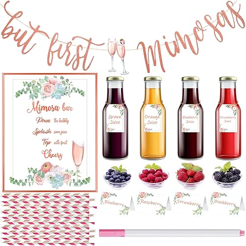 Nezyo Kit de 31 barras de mimosa, cartel de barra de mimosa, 4 etiquetas de botella de champán, 4 tarjetas de mesa, 20 pajitas de papel, 1 marcador,