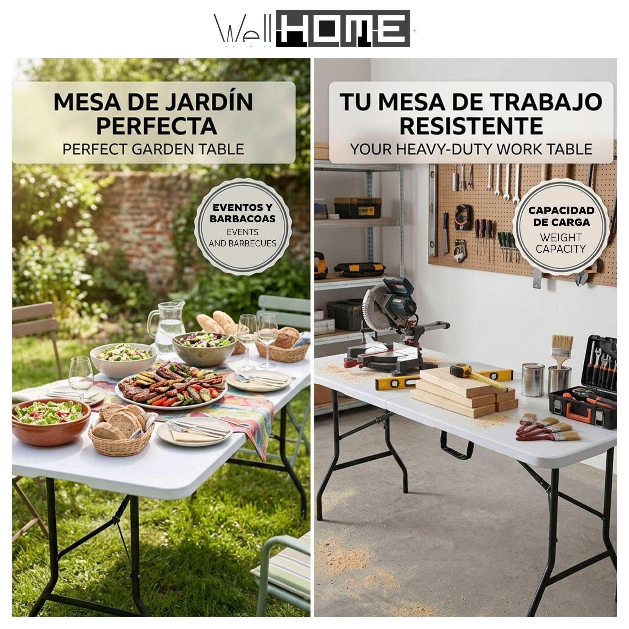Well Home Mesa Plegable 180x68x74cm PE Blanco, Estructura metálica Negro Mate, Grosor 32mm