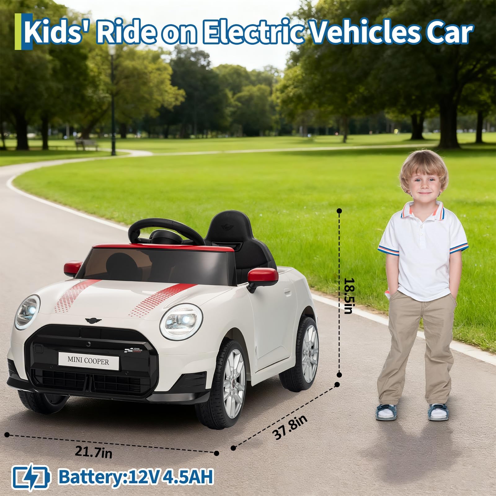 Coche Eléctrico para Niños 12V con Licencia, Mando a Distancia 2,4G, LED, Música, USB, Blanco