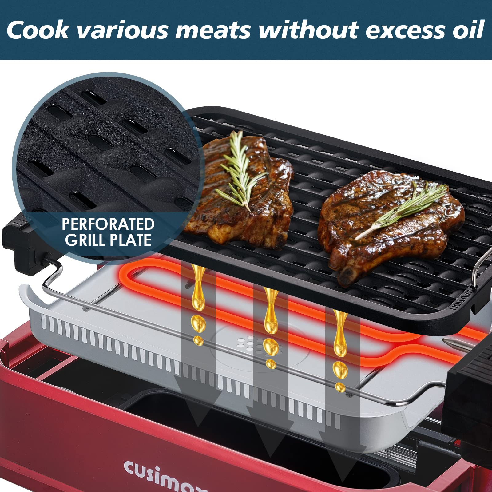 CUSIMAX Electric Grill with Large LED Display, 1500W Indoor Smokeless