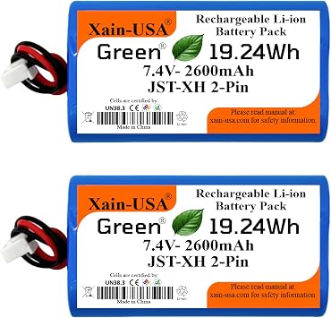 2-Pack 7.4V 2600mAh Li-ion Battery Pack 19.24Wh with JST-XH 2-Pin Connector Rechargeable 2S Pack for RC Cars, Robots, LED Lights, Portable Electronics, DIY Electronics Products