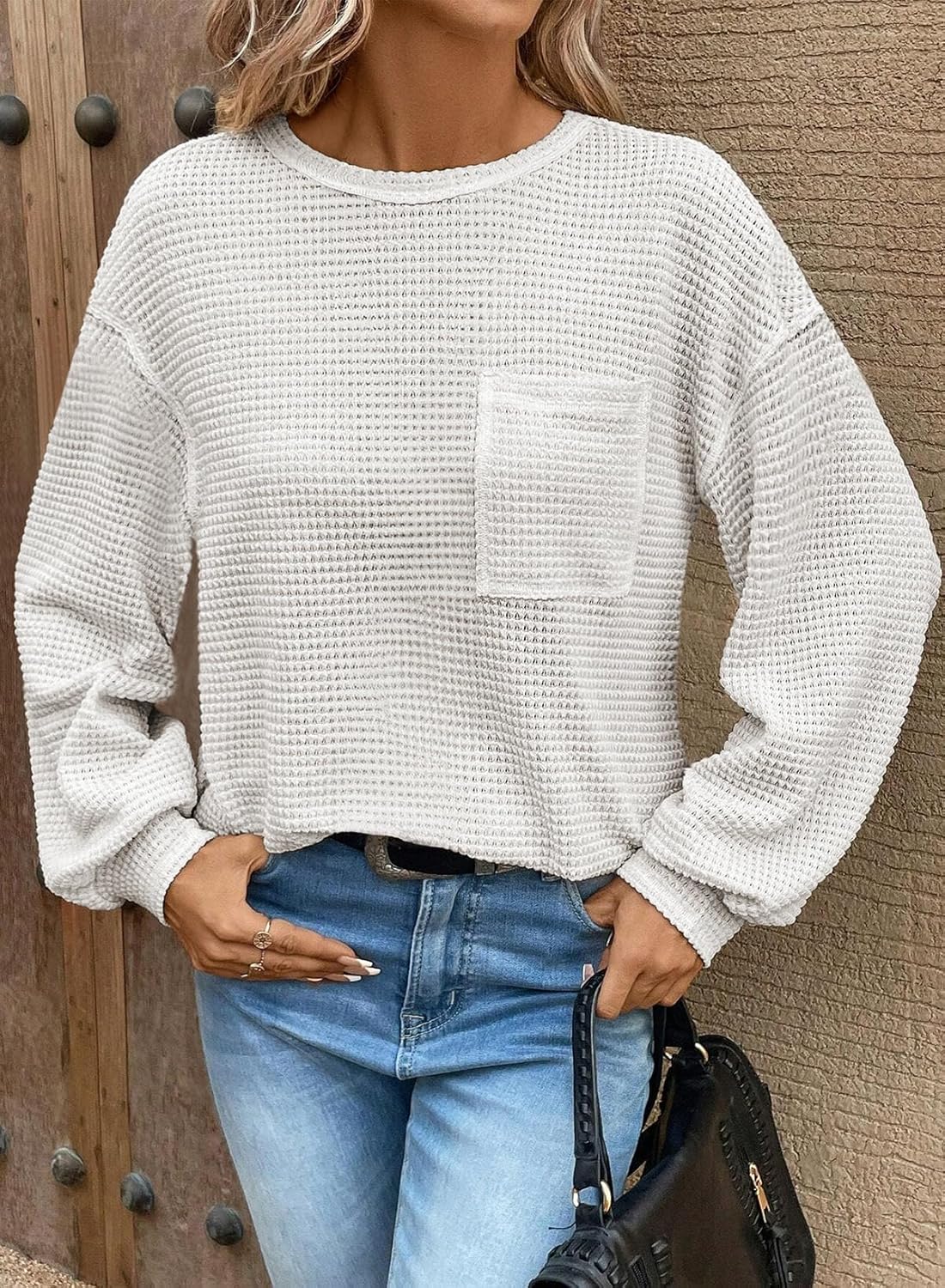 Dokotoo Womens Waffle Knit Tops 2026 Oversized Long Sleeve Crewneck Shirts Business Casual Blouses Basic Shirts - Image 3