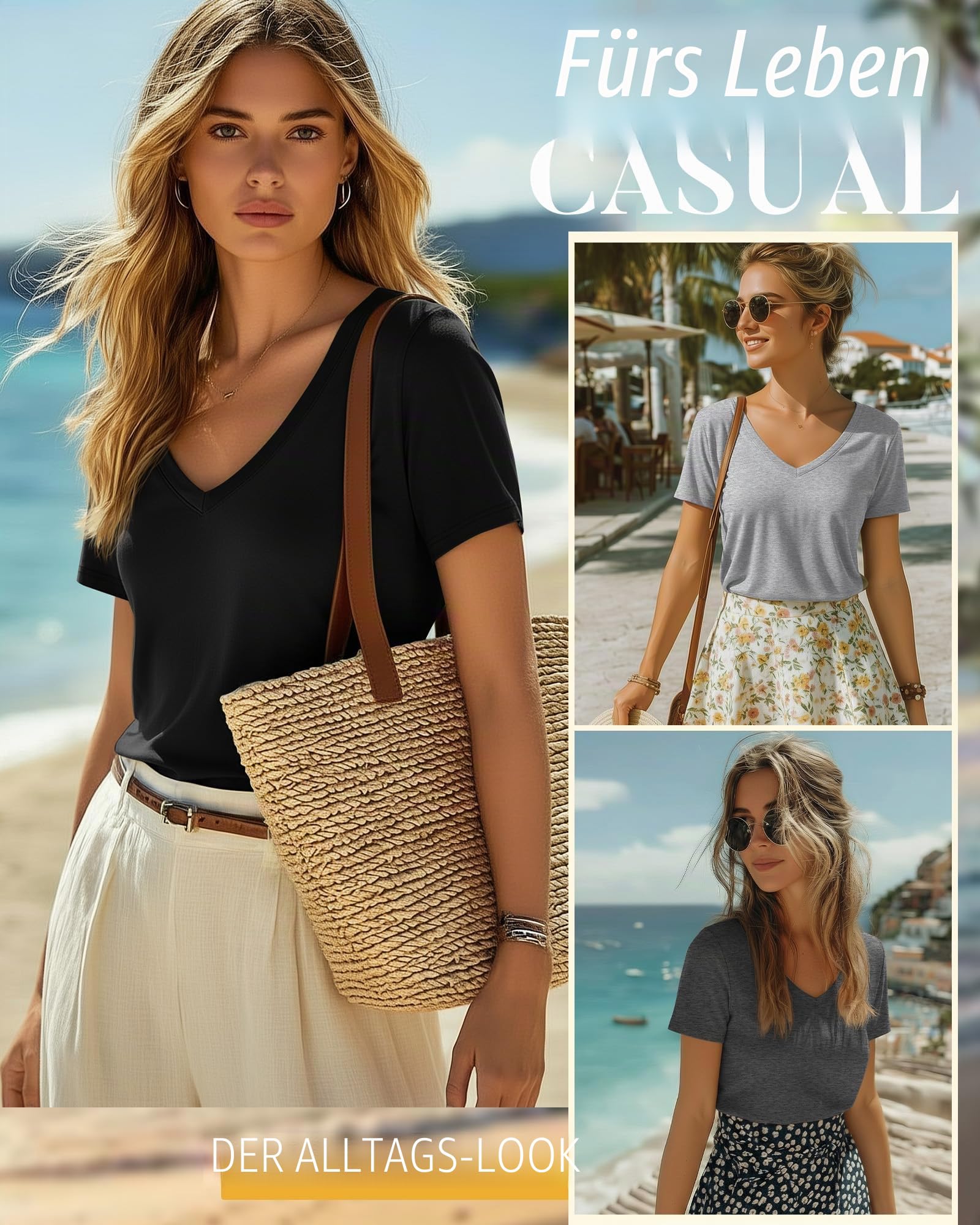 Neer 4er Pack Damen T-Shirts V-Ausschnitt Kurzarm Sommer Casual Tops Lockere Passform Gerader Saum Basic