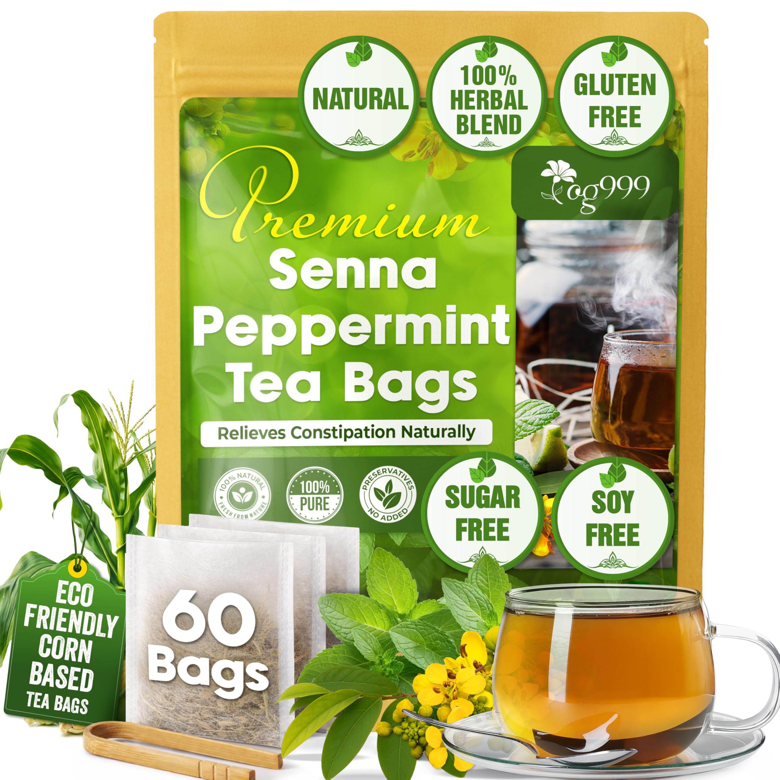 TOG999, 60 Tea Bags, Blend of Senna Leaves - Peppermint - Licorice - Fennel, 100% Natural Ingrendients, Hand-made Herbal Tea, Relieves Constipation