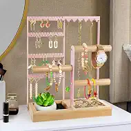 Godboat Jewelry Stand - 48 Holes Earring Holder, 4-Tier Necklace Organizer | 6 Hooks Jewelry Organizers and Storage, Bracelet Ring Rack with Wood Box, Preppy Gift Room Decor for Teen Girls Women, Pink