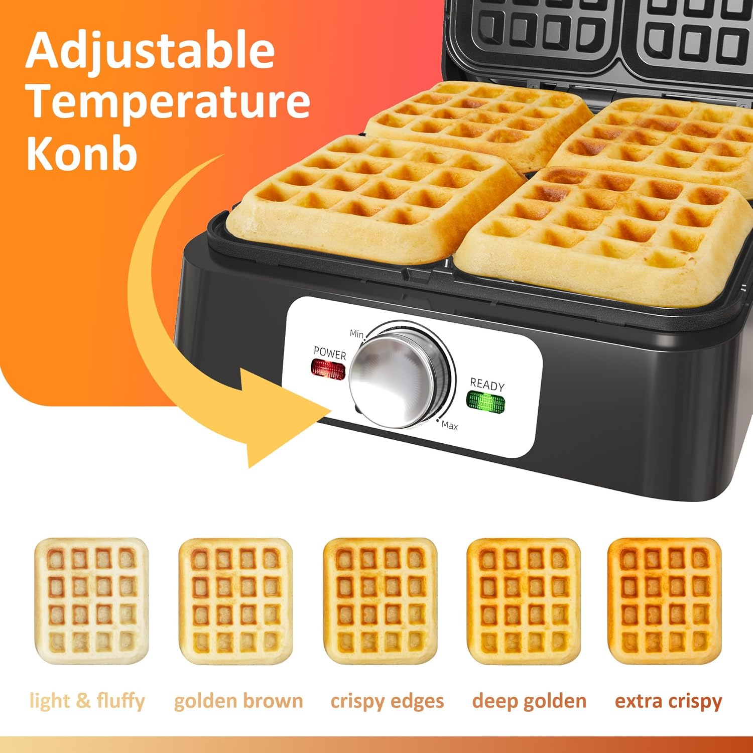 Sunvivi 4 Slices Waffle Maker showing the adjustable temperature knob and different waffle browning levels.