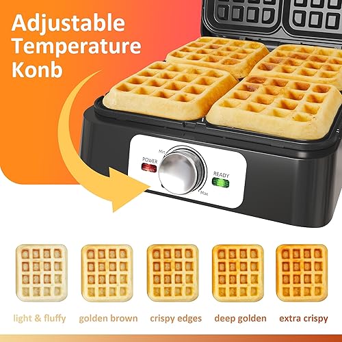 Miniatura 4 de Sunvivi Máquina de gofres de 4 rebanadas plancha eléctrica para gofres con control de temperatura ajustable, máquina de gofres antiadherente con luz