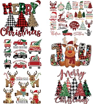 6PCS Christmas Iron On Transfers for T-Shirts - Large Iron On Decals, Vinyl Designs Reindeer Christmas Tree for Clothing, Backpack DIY Decorations