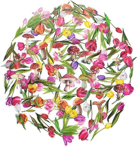 Juego de calcomanías de flores transparentes, 140 piezas de tulipán floral, hongos, álbumes de recortes, calcomanías decorativas florales