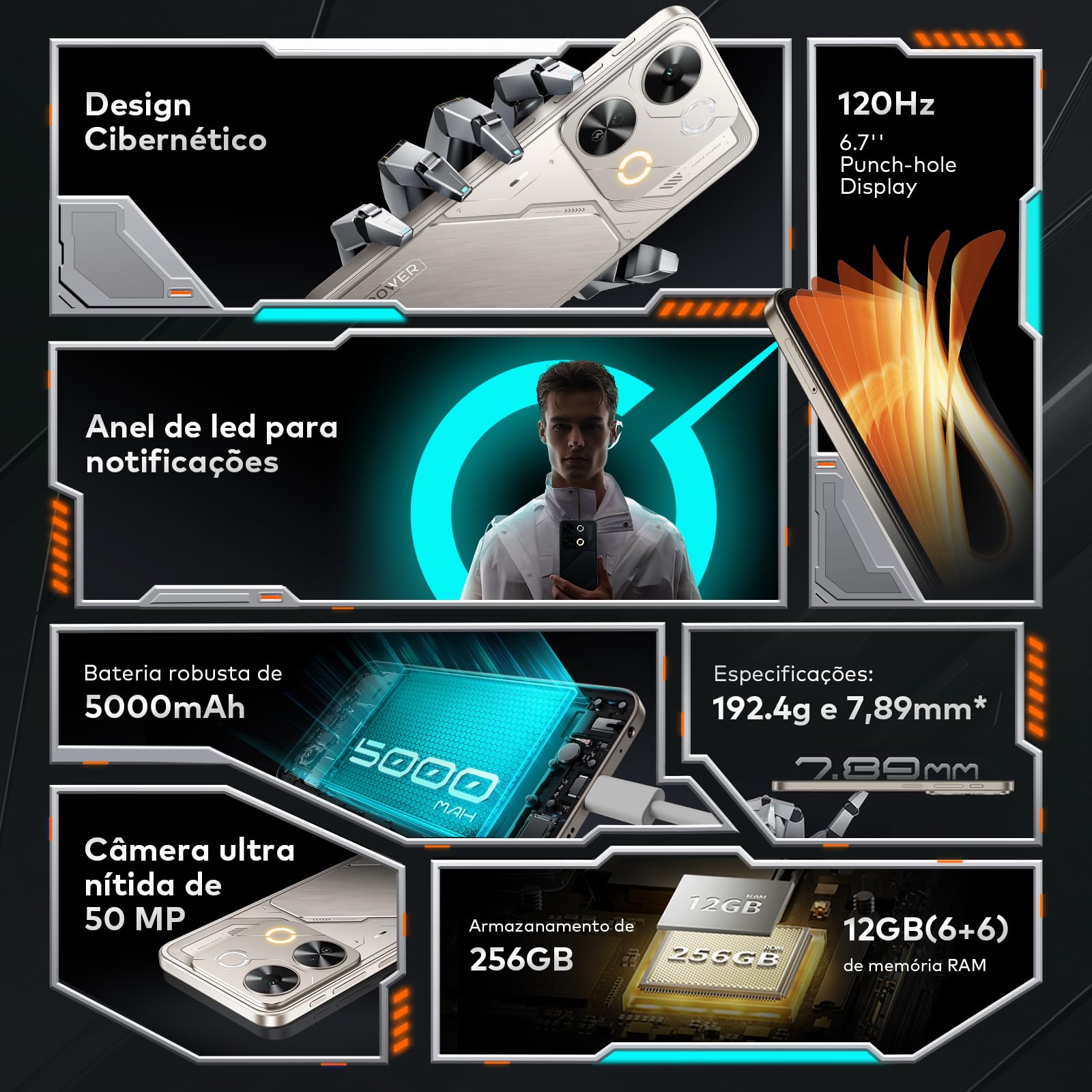 Smartphone Itel P65, 256GB+6+6GB RAM (Preto) Tela de 6,7