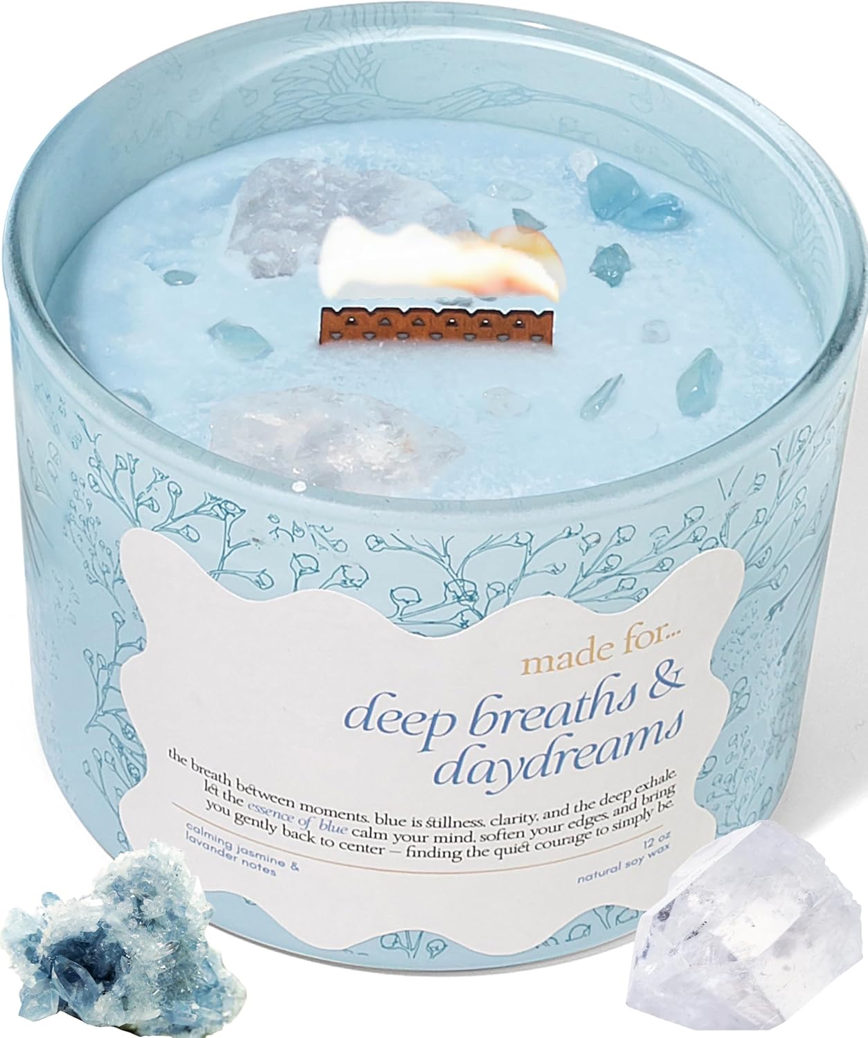 Blue Crystal Candle for Women – 12oz Large Luxury Soy Wax with Crackling Wood Wick, Slow Burn Meditation with Healing Crystals, Birthday or Mother’s Day Gift