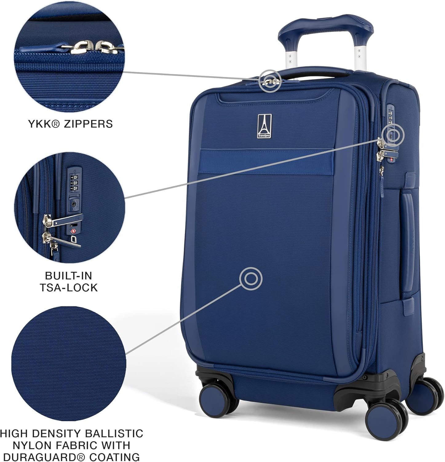 Travelpro VersaPack+ Lightweight Softside Expandable Carry on Luggage, 8 Spinner, TSA Lock, Carry On 21-Inch, Estate Blue