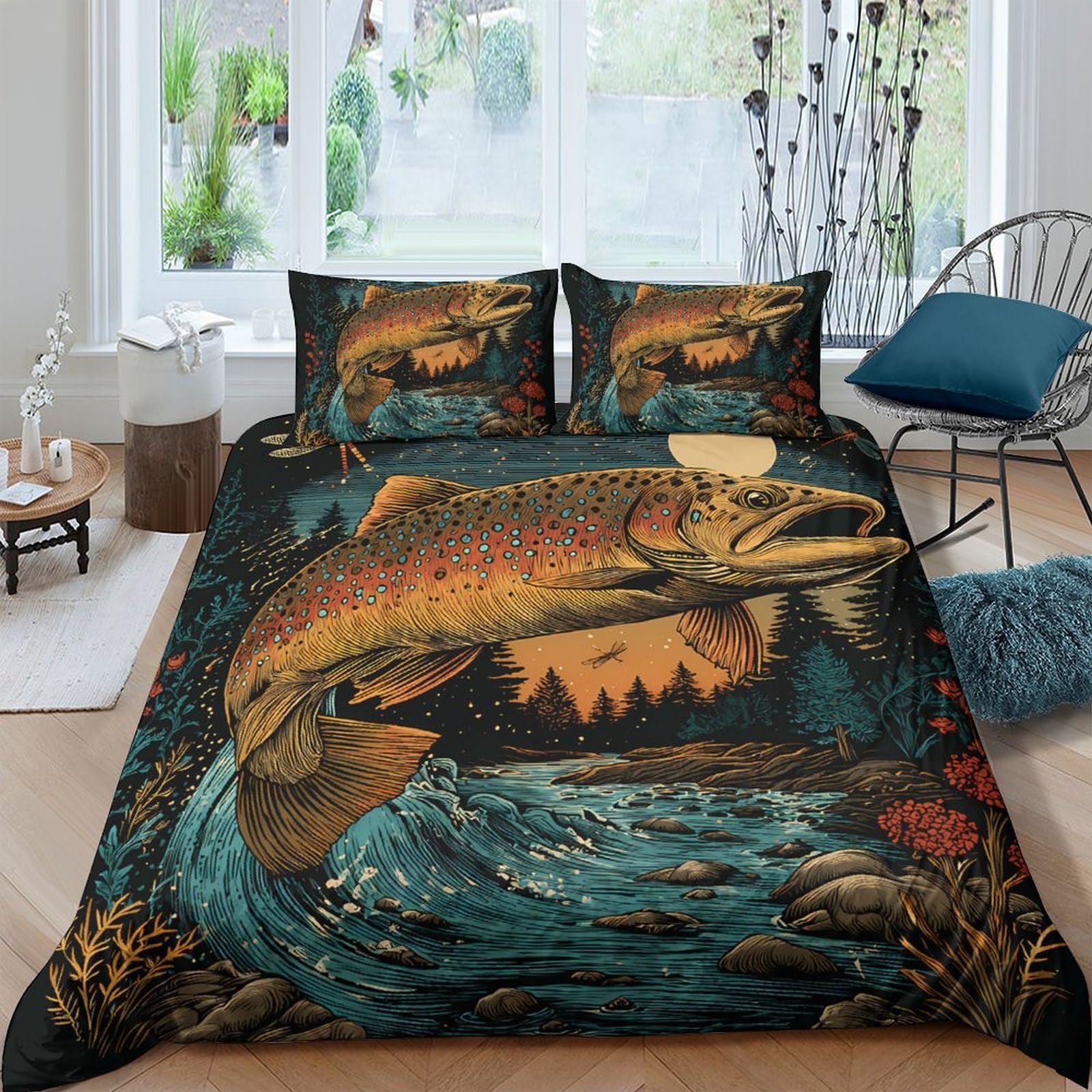 Ctjqhvkz Style-2 3D Printed Salmon River Fitted Sheet Microfiber Soft Breathable Forest Stream Bed Cover For Bedroom Decor Mattress Protection Single（135X200cm）