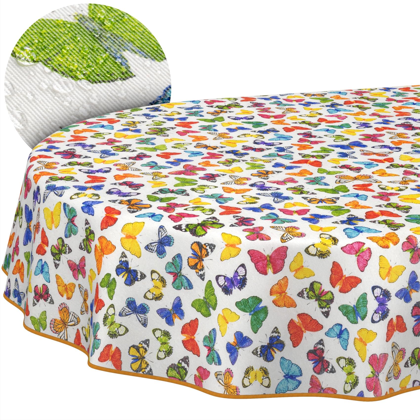 Mantel de tela textil lavable, mantel de algodón y poliéster, diseño de mariposas, ovalado, 260 x 140 cm, para interior y exterior
