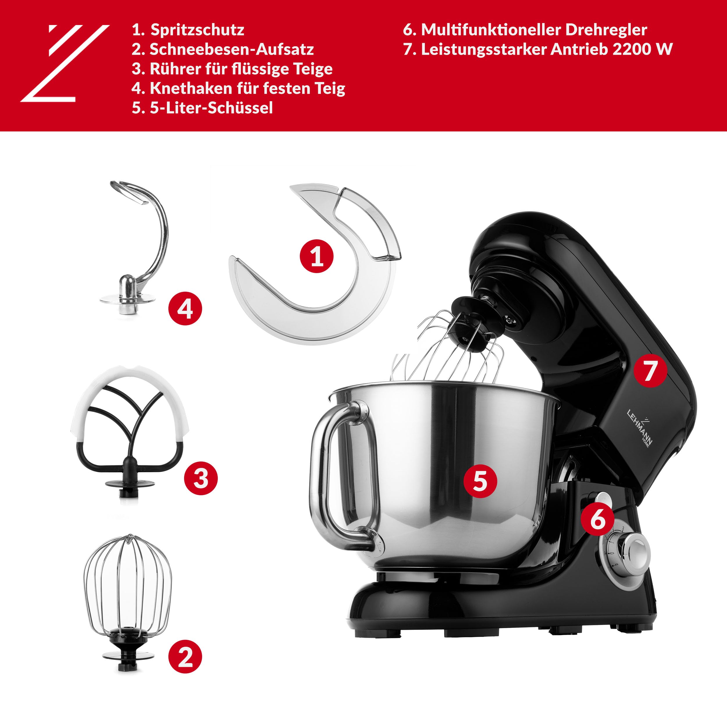 Lehmann Planetarische Küchenmaschine mit Edelstahlschüssel 5 L, Multifunktions Rührgerät 2200 W, 6 Geschwindigkeit Teigmaschine, inkl. Spritzschutzdeckel, Knethaken und Schneebesen (Schwarz)